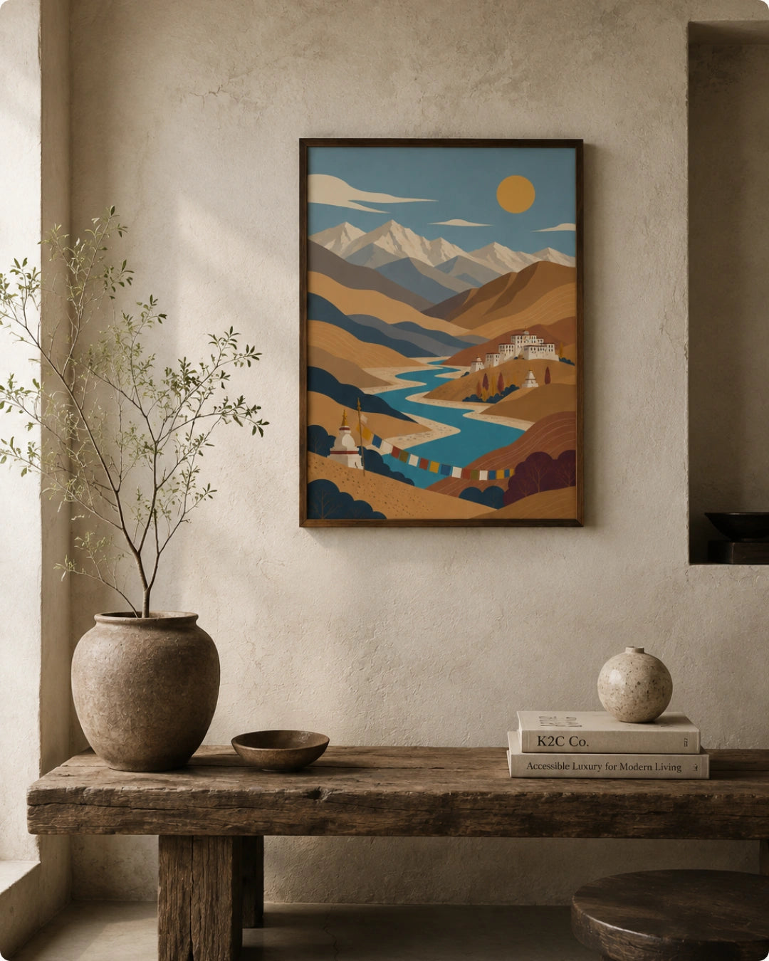 A framed art print depicting a stylized mountain landscape with a winding river and a yellow sun, displayed on a textured beige wall above a rustic wooden bench with a ceramic vase and books.