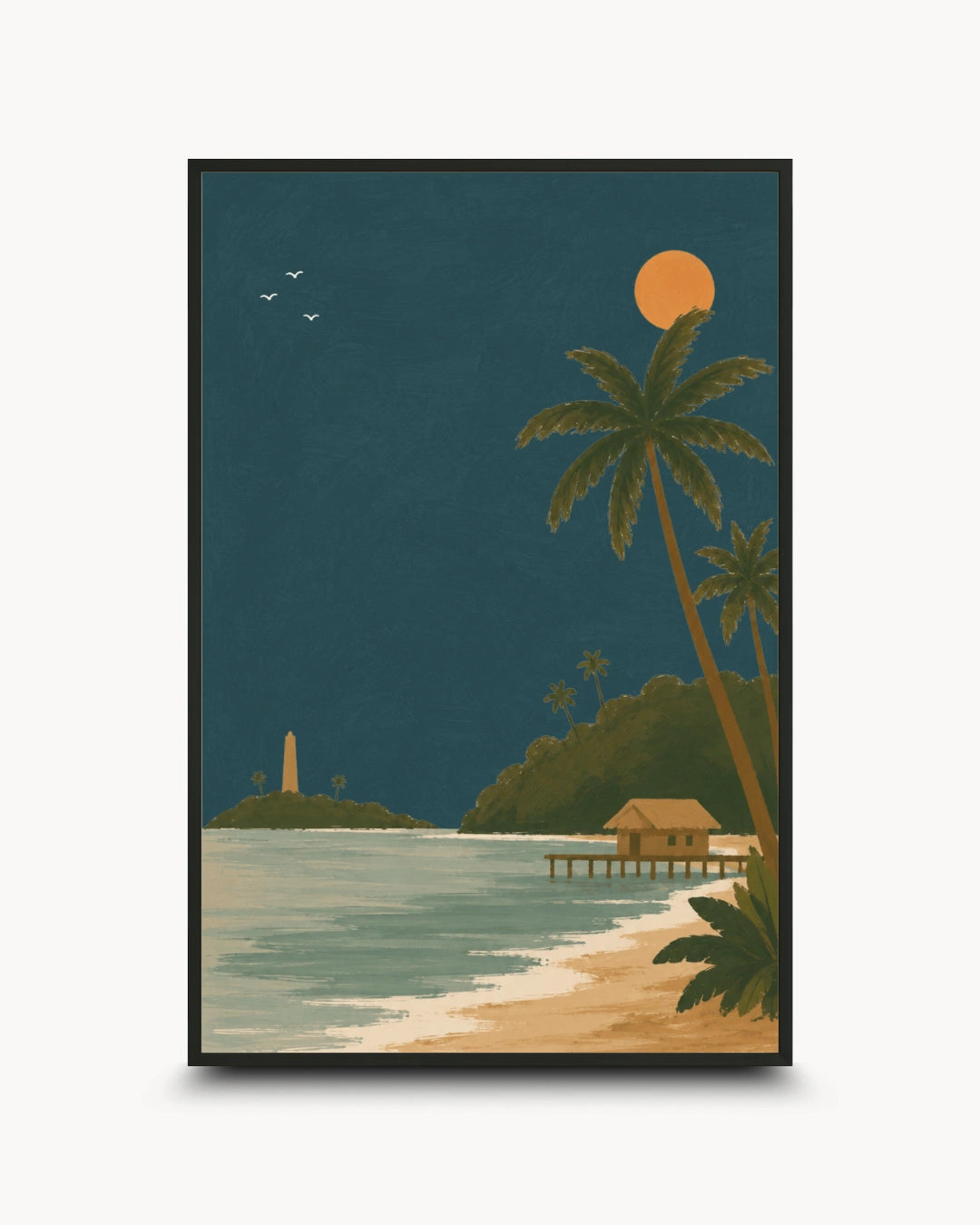 A framed art print featuring a retro-style tropical beach scene at dusk, with palm trees, a sandy shore, calm water, a small pier, and a large orange sun against a dark teal sky.