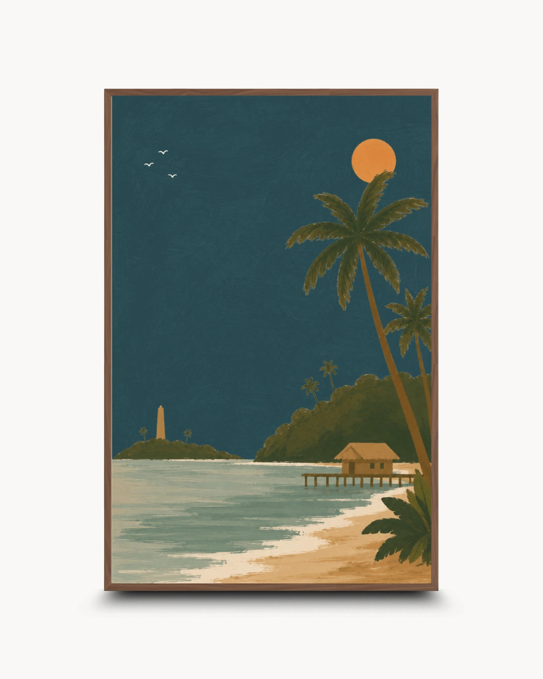 A vertical travel poster print of a tropical beach scene at night, featuring a dark teal sky with a large orange full moon, palm trees, a sandy shore, and a pier, shown with a white border on a light gray background.