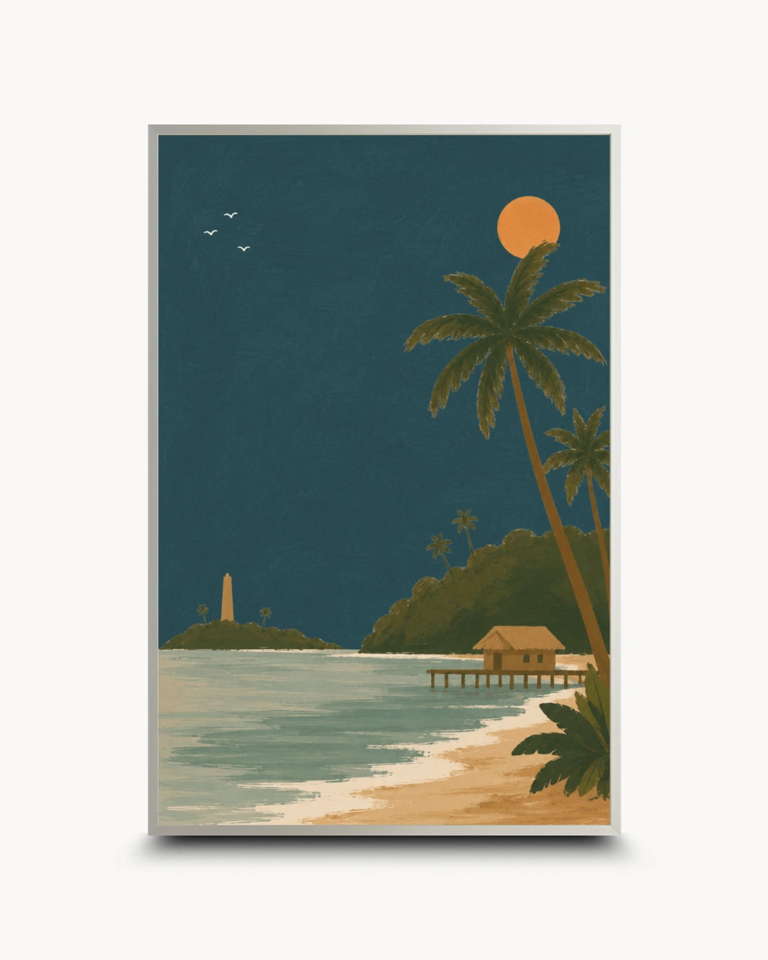 A vertical framed art print depicting a tropical beach scene at dusk, with palm trees, a sandy shore, calm water, a small pier hut, distant island with a monument, and a large orange sun in a dark teal sky.
