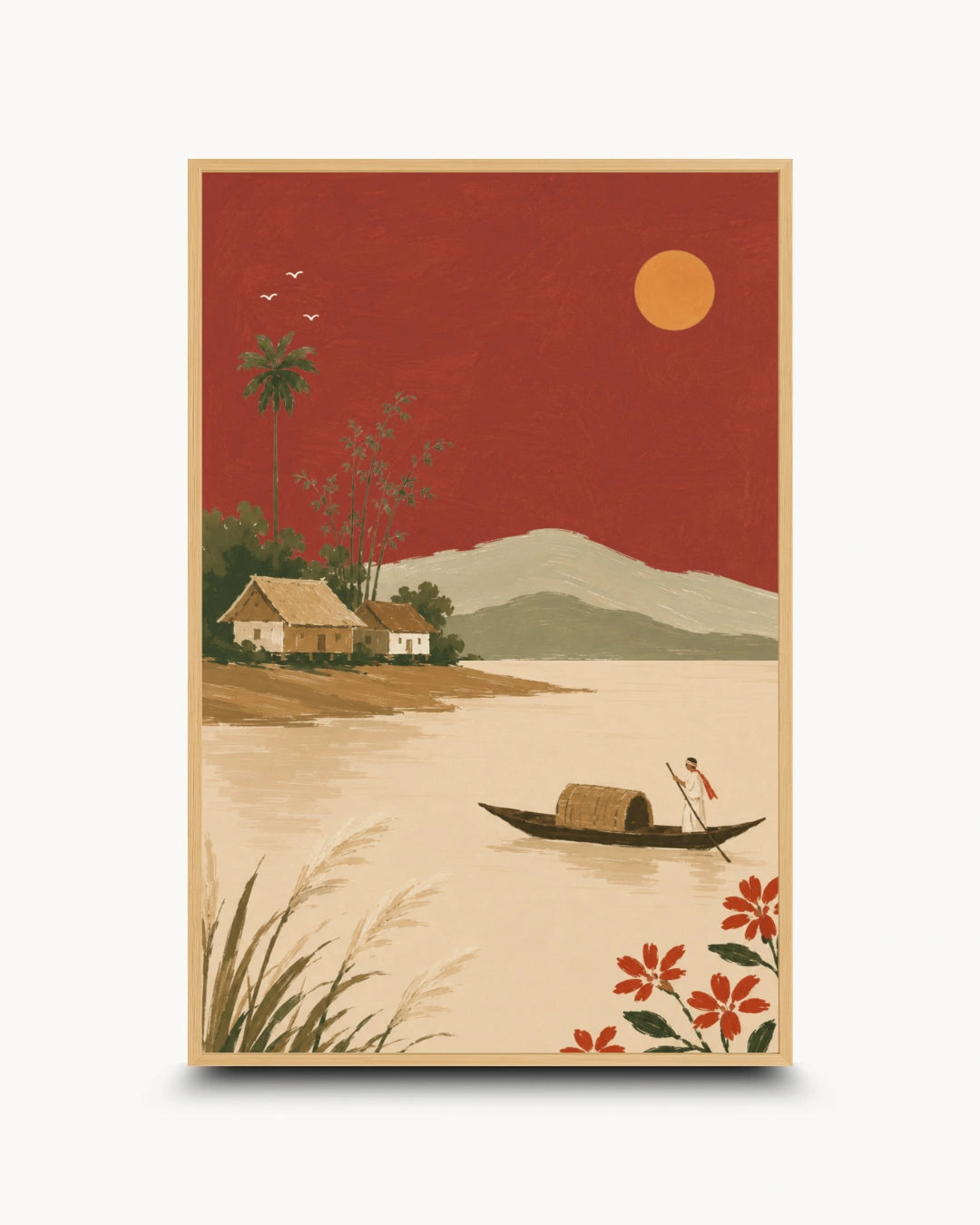 A vertical art print featuring a retro-style landscape illustration with a red sky, orange sun, beige water, small houses, mountains, a boat, and red flowers, shown against a light gray background.