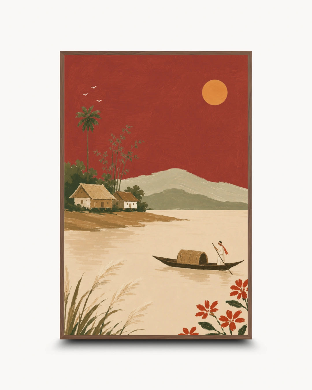 A vertical art print featuring a retro-style landscape illustration with a red sky, orange sun, beige water, small houses, mountains, a boat, and red flowers, shown against a light gray background.