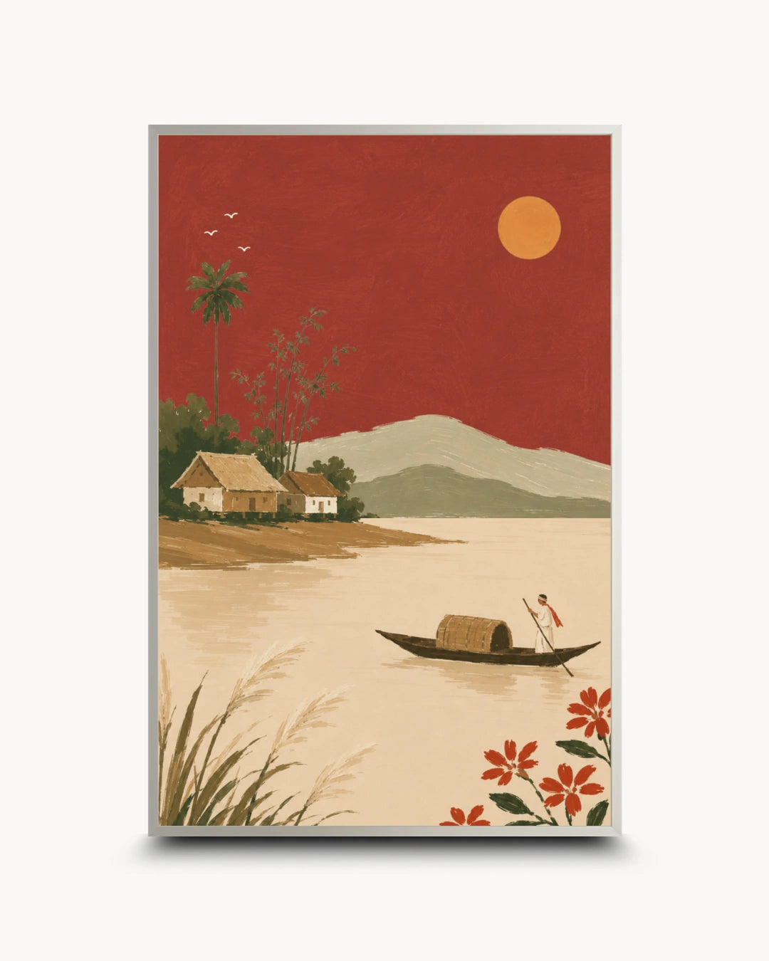 A framed art print featuring a retro-style landscape illustration with a red sky, yellow sun, beige water, small houses, mountains, a boat, and red flowers, shown against a light gray background.