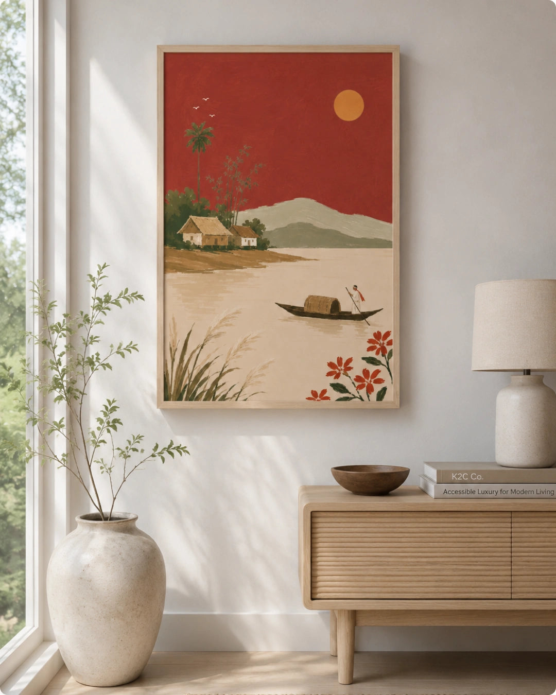A framed art print featuring a retro-style landscape with a red sky, yellow sun, beige water, and a small boat, displayed on a light gray wall above a wooden console table in a styled room.