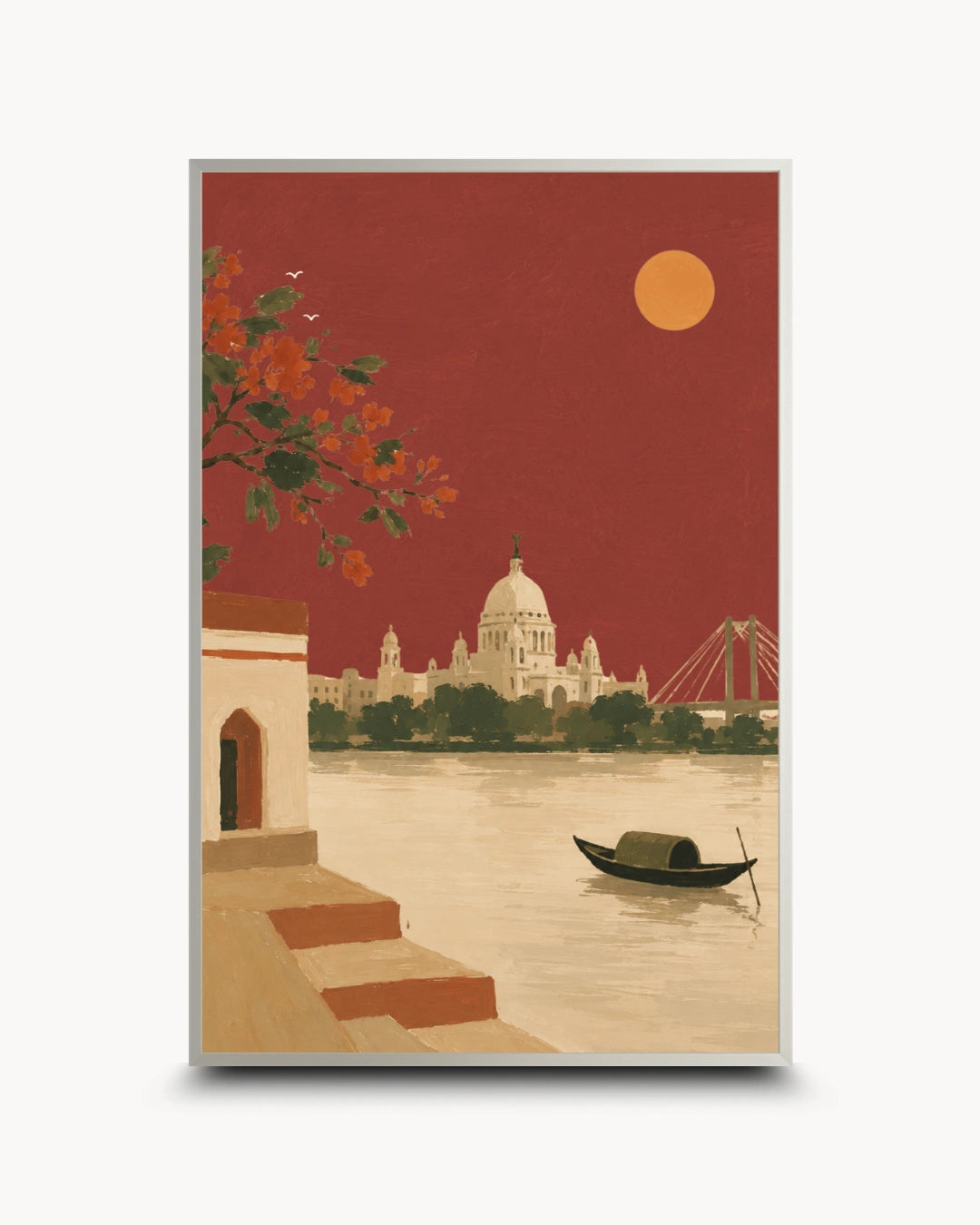 A framed art print depicting a stylized scene of the Santa Maria Basilica in Rome, featuring a deep red sky, golden sun, and a boat on the river, shown against a light gray background.