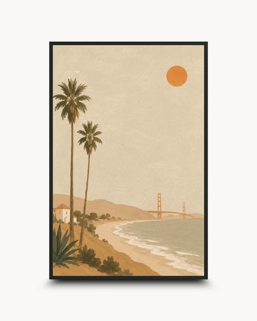 A framed art print depicting a retro-style coastal scene with palm trees, a sandy beach, ocean water, distant hills, and an orange sun on a beige sky, shown against a light gray background.
