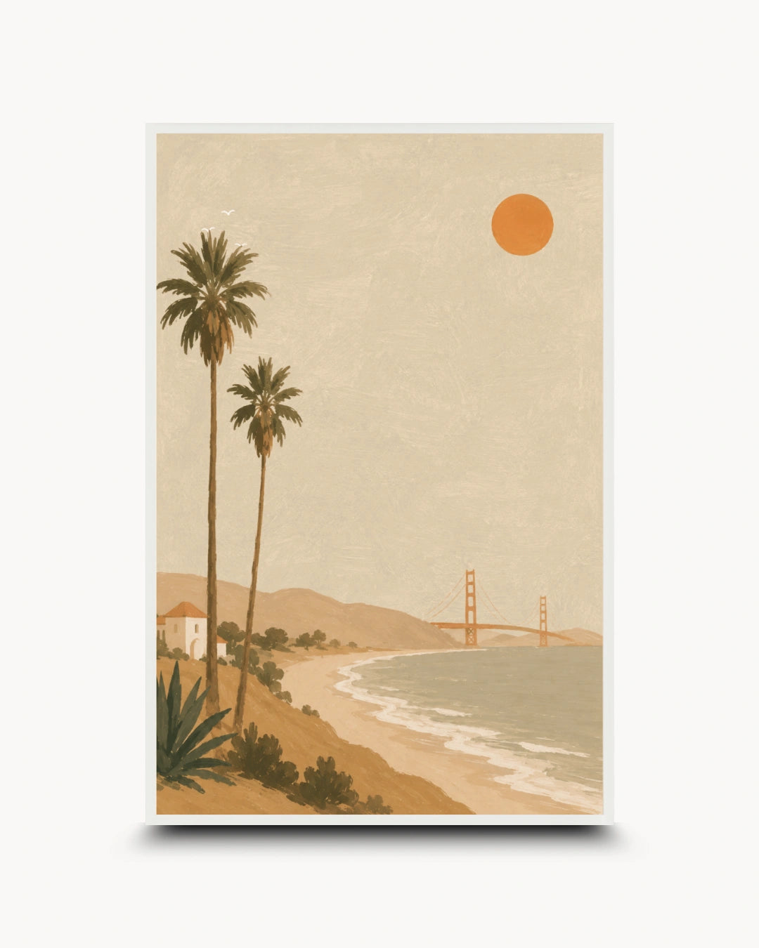 A retro-style art print poster depicting a coastal beach scene with two palm trees, a small house, a sandy beach, ocean waves, distant hills, and the Golden Gate Bridge under a large orange sun, shown against a light gray background.