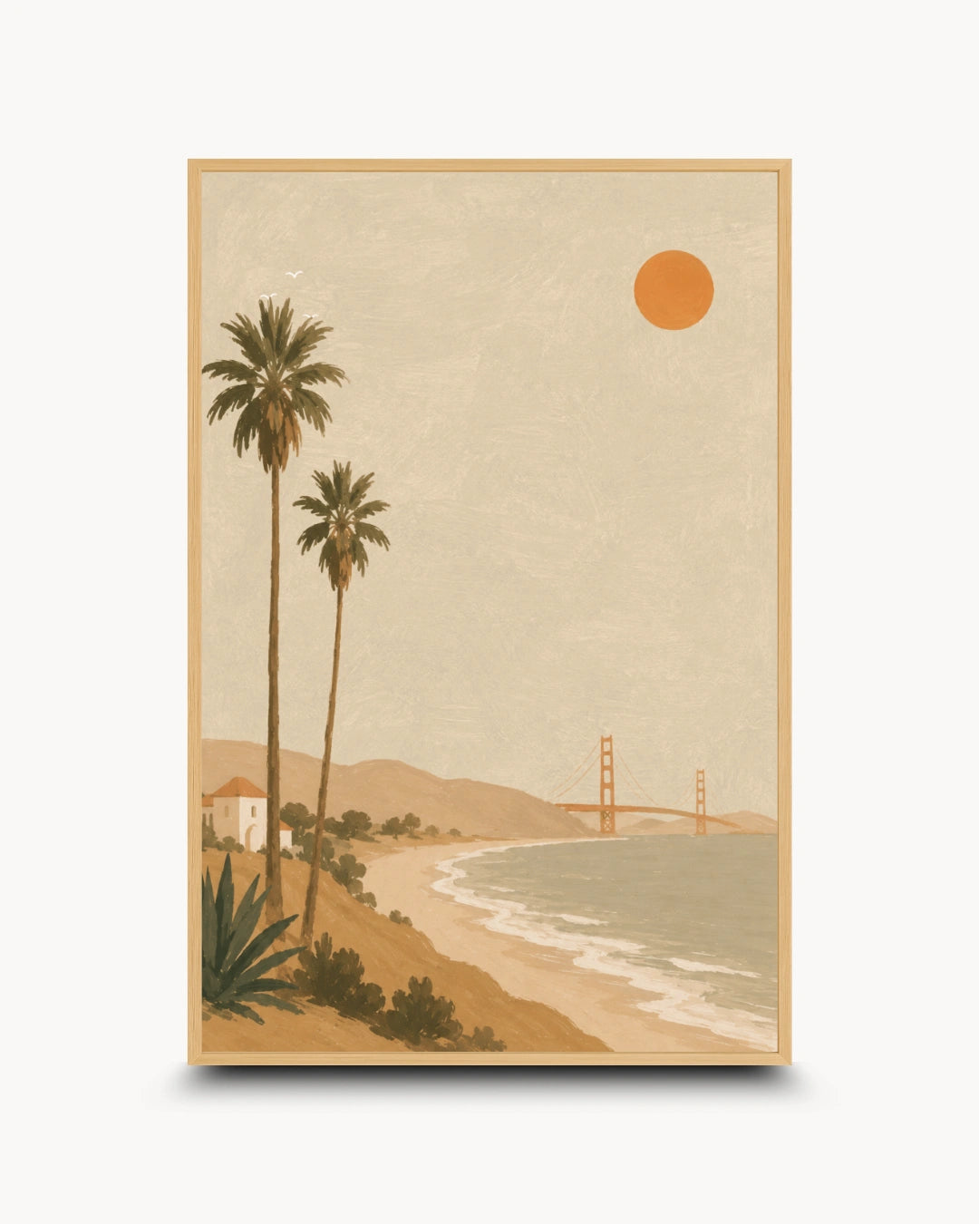 A retro-style art print poster depicting a coastal beach scene with two palm trees, a small house, a sandy beach, ocean waves, distant hills, and the Golden Gate Bridge under a large orange sun, shown against a light gray background.