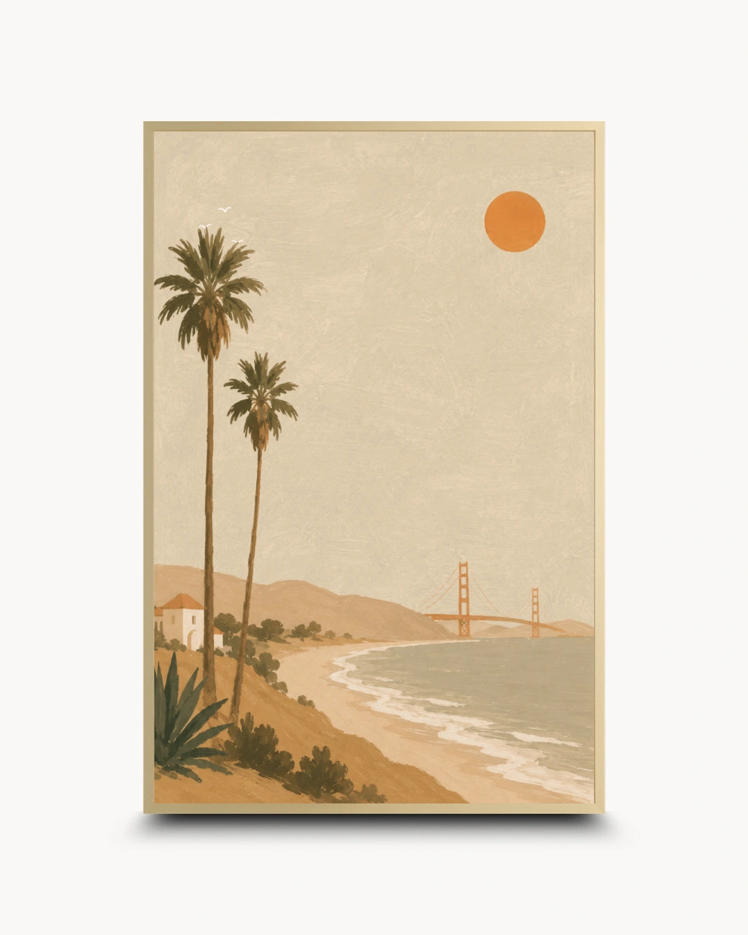 A framed art print depicting a retro-style coastal scene with two palm trees, a sandy beach, ocean water, distant hills, and a golden sun on a cream background.
