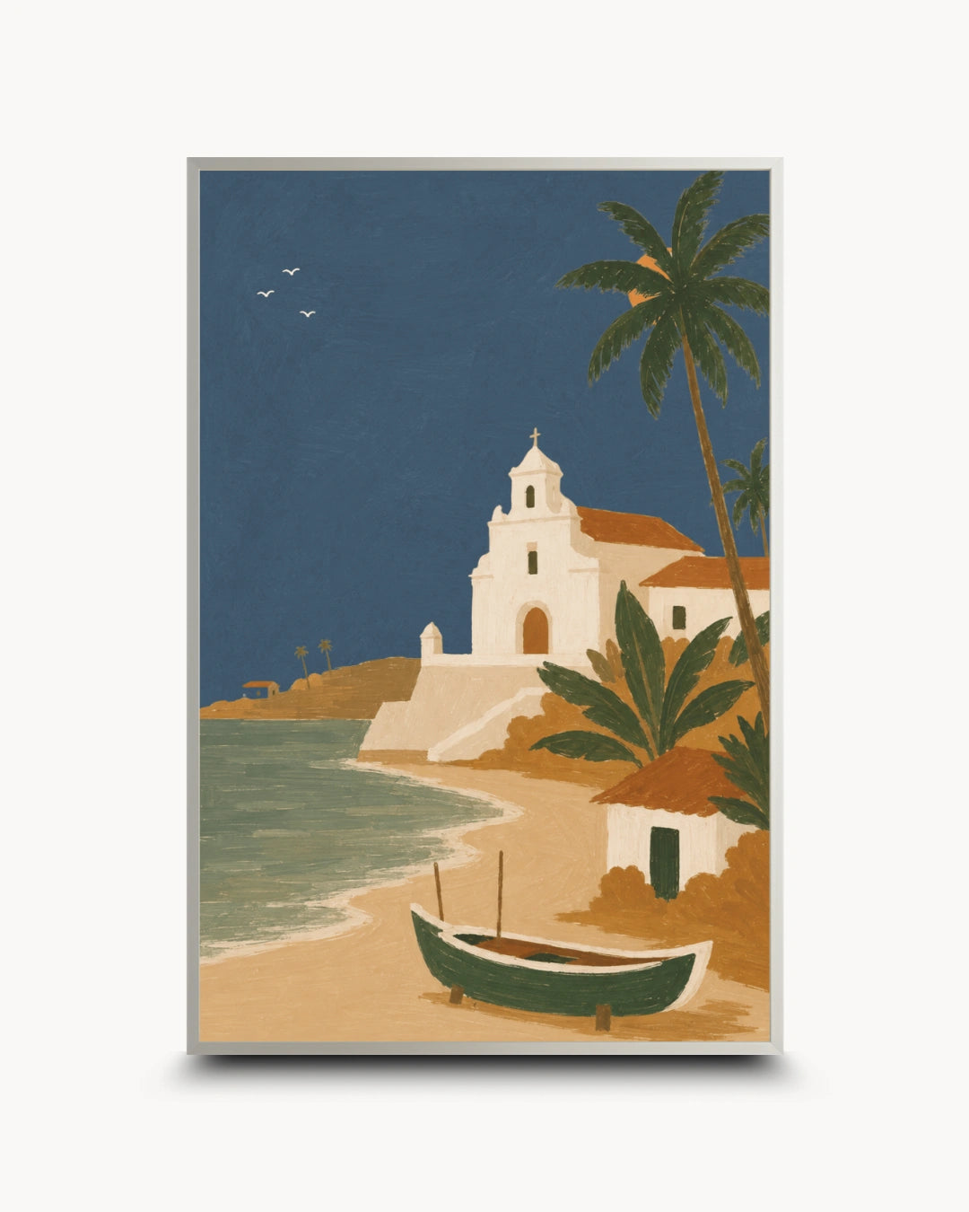 A framed art print featuring a tropical beach scene with a white church, palm trees, a small boat on the sand, and a deep blue sky, shown against a light gray background.
