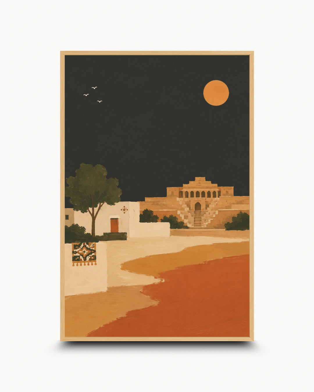 A vertical art print featuring a stylized desert landscape at night, with a large orange moon, a dark sky, a tan building, a tree, and a winding orange path, shown against a light gray background with a drop shadow.