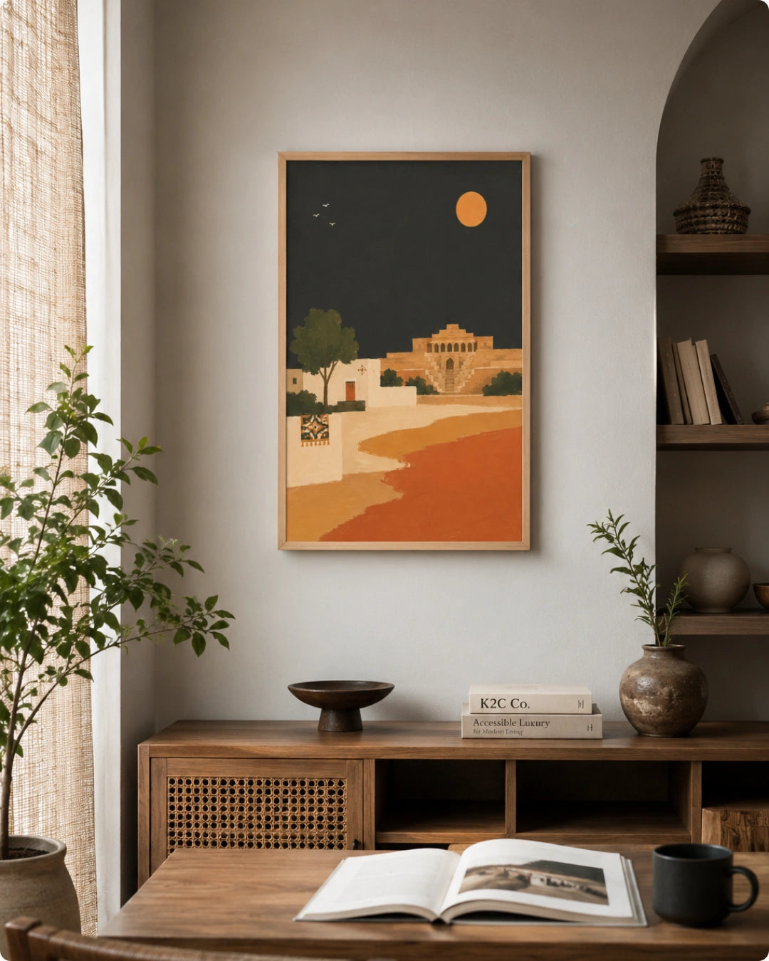 A framed art print featuring a retro-style desert landscape with a golden sun, a winding path, and a building under a dark night sky, displayed on a neutral wall above a wooden console table in a styled room.