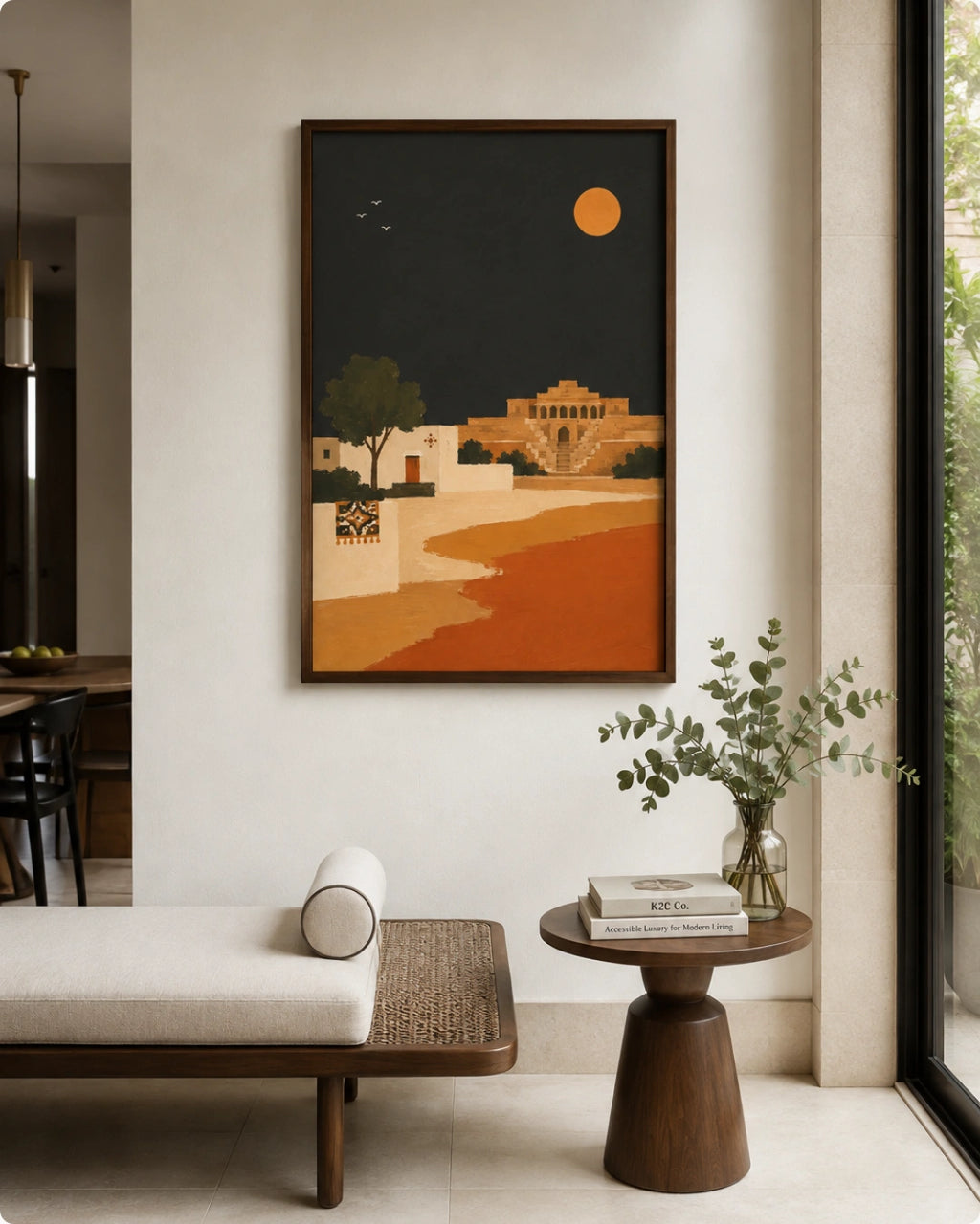 A framed art print depicting a desert landscape at night with a large orange sun, displayed on a beige wall in a modern, stylishly decorated room.