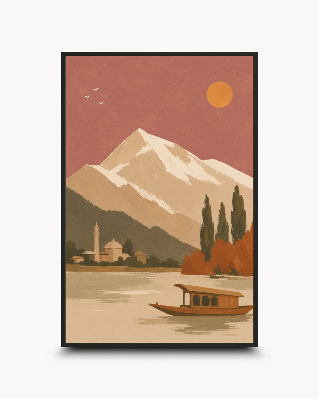 A framed art print featuring a stylized landscape illustration of a snow-capped mountain, a lake with a small boat, trees, and a mosque under a warm orange sun, shown against a light gray background.