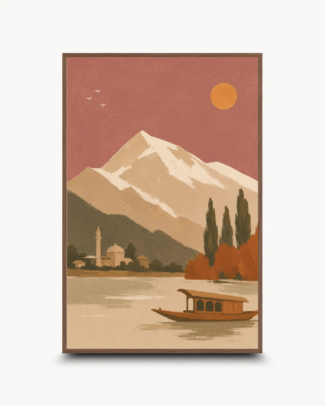 A framed art print featuring a retro-style landscape illustration with a snow-capped mountain, a lake, a small boat, trees, and a sun in muted warm tones.