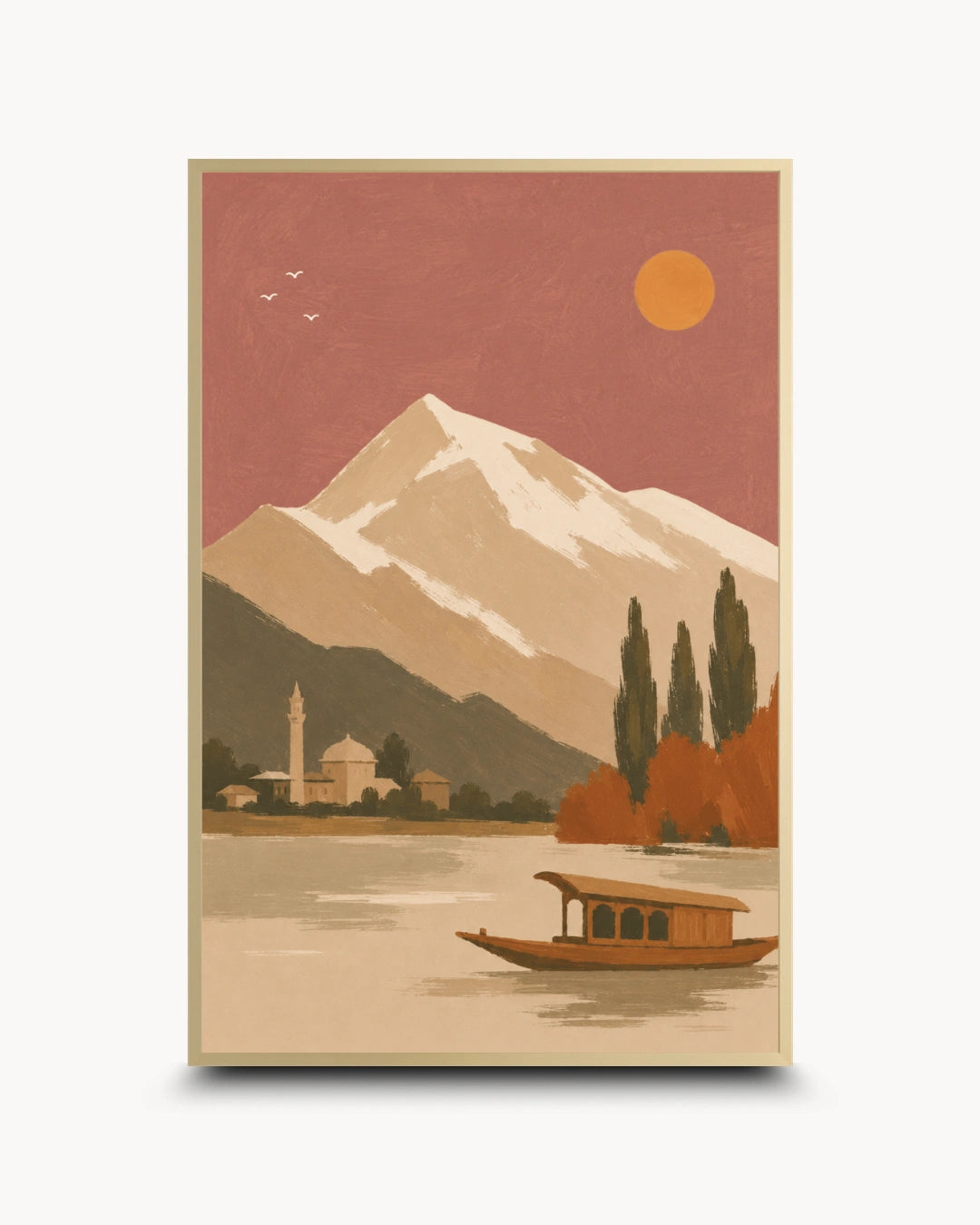 A vertical art print featuring a retro-style scenic illustration of a snow-capped mountain, a lake with a small boat, trees, and a mosque under a warm orange sun, shown against a light gray background.