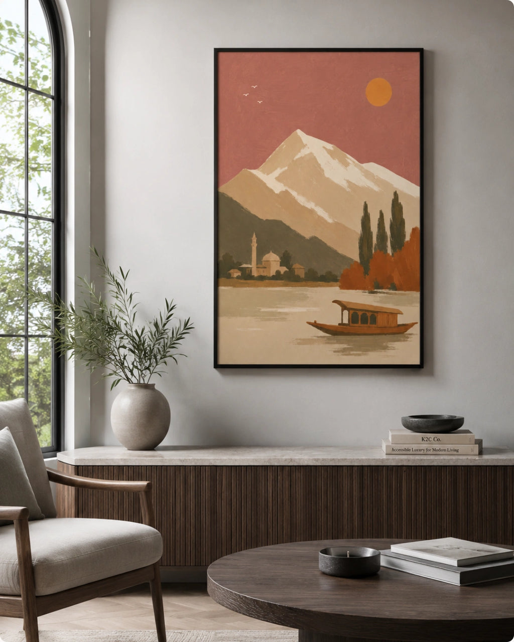 A framed art print featuring a retro-style mountain landscape with a boat on the water, displayed on a wall in a modern living room setting.