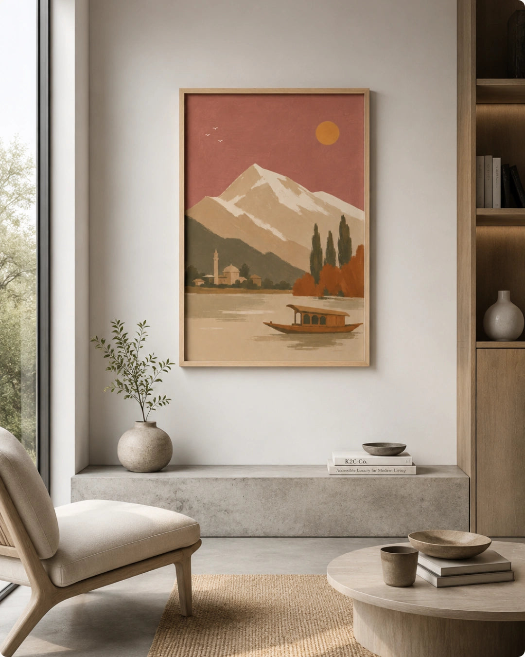 A framed art print featuring a stylized mountain lake scene hangs on a light gray wall in a modern, sunlit living room with a chair, table, and shelving.