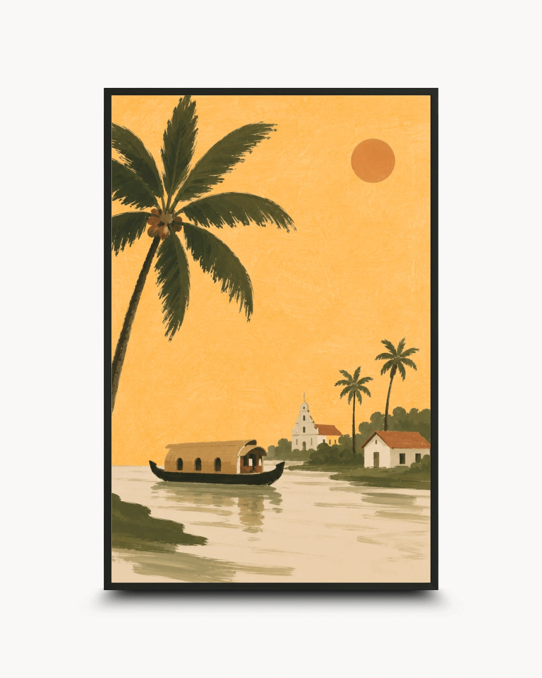 A framed travel-style art print depicting a tropical riverside scene with a large palm tree, a houseboat on calm water, small buildings, and a sun against a warm yellow-orange sky.
