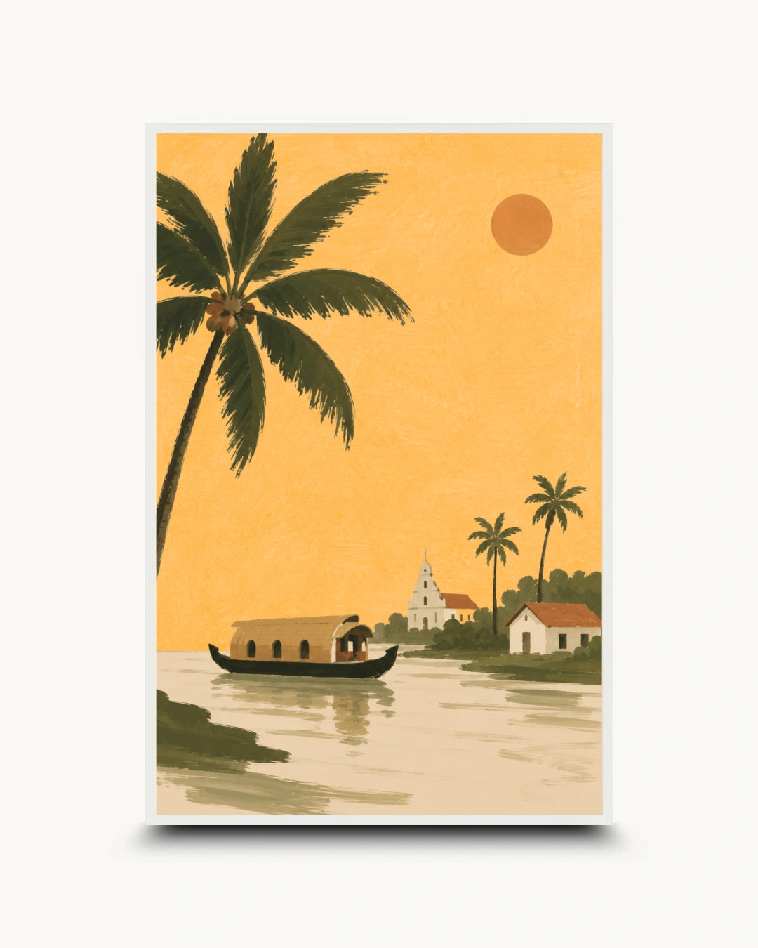 A retro-style travel poster print depicting a tropical waterway scene with a coconut palm tree, a houseboat, a small church, and a sun against a warm orange sky, shown with a white border and drop shadow on a white background.