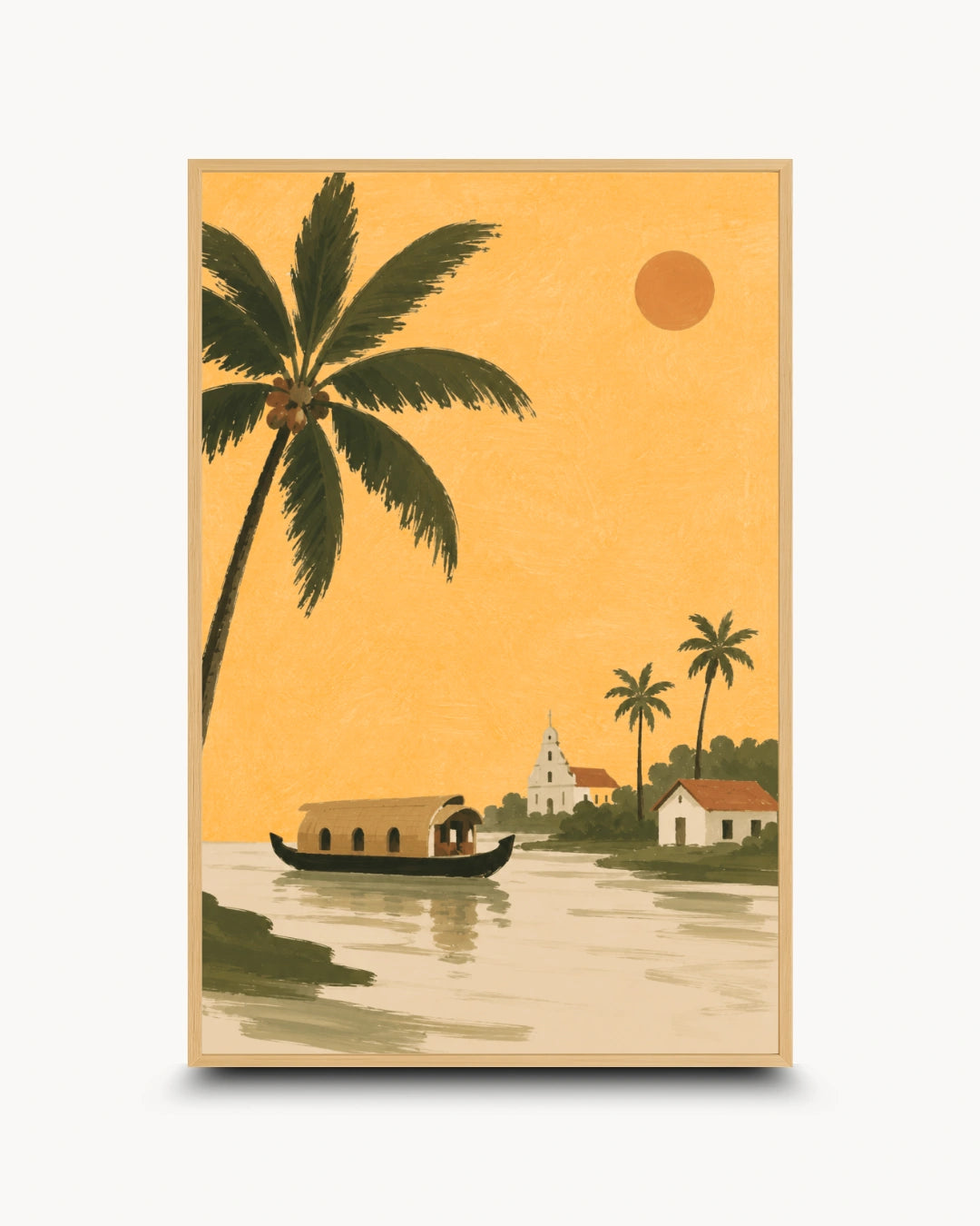 A framed art print featuring a tropical river scene with palm trees, a houseboat, small buildings, and a sun on a warm yellow-orange background, shown against a light neutral backdrop.