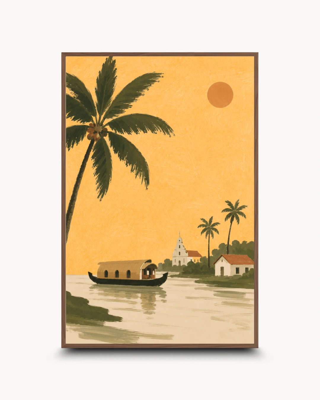 A framed art print depicting a tropical coastal scene with palm trees, a houseboat on calm water, small buildings, and a sun against a warm golden-yellow sky, shown on a light neutral background.