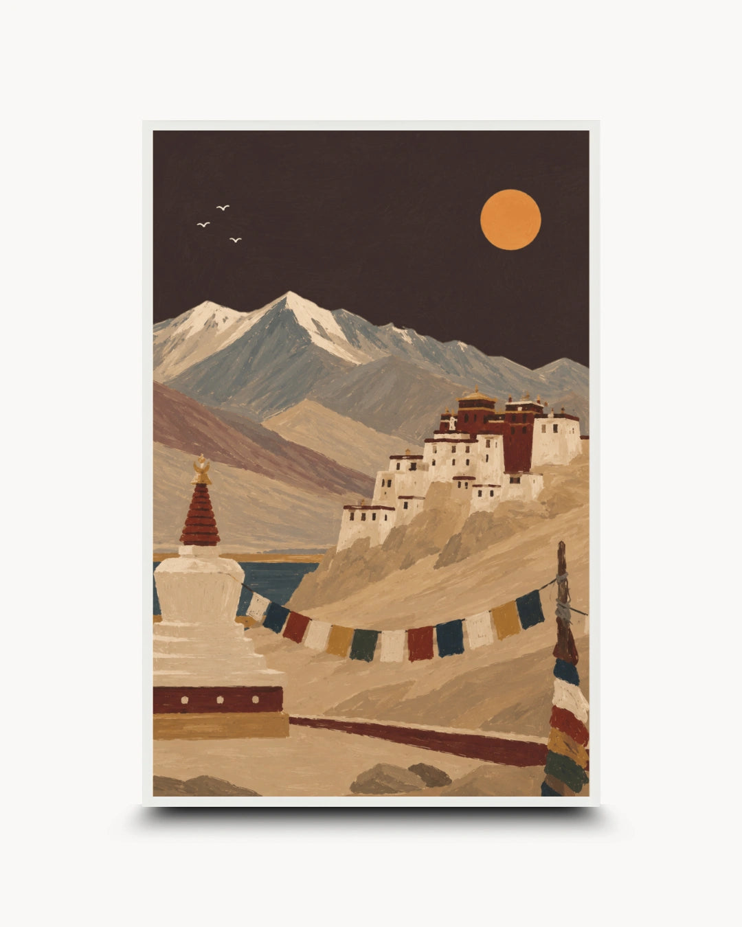 A vertical art print featuring a stylized landscape of a Tibetan monastery, a white stupa, and snow-capped mountains under a dark sky with a large orange sun. The print is shown centered on a light gray background with a subtle drop shadow.