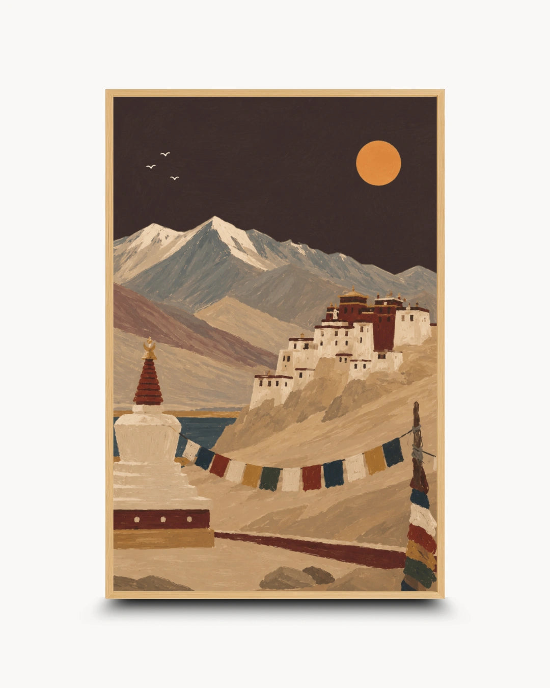 A vertical art print featuring a stylized landscape of a Tibetan monastery on a mountainside, with a stupa in the foreground, prayer flags, snowy peaks, and a large orange sun in a dark sky.