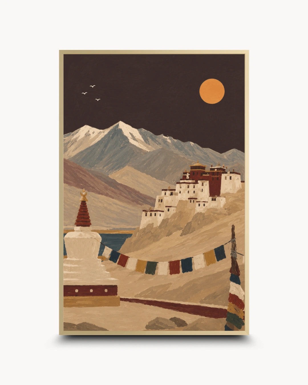 A vertical art print featuring a stylized landscape of a Tibetan monastery, a white stupa, and snow-capped mountains under a dark sky with a large orange sun. The print is framed in a thin beige border and shown against a light gray background.