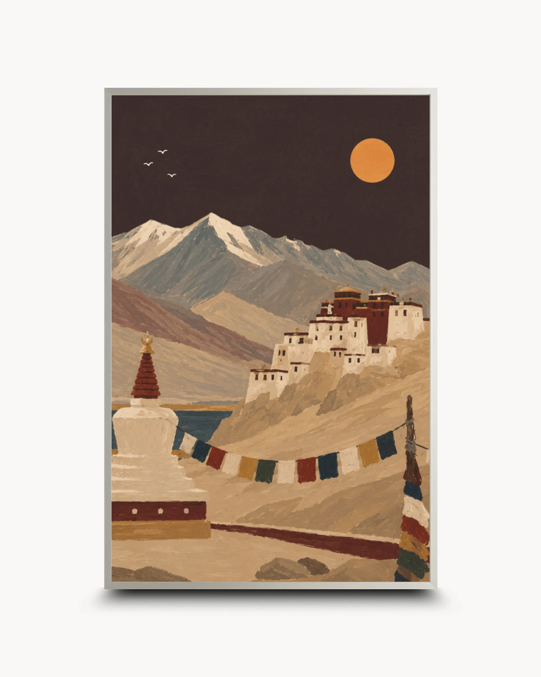 A vertical art print depicting a scenic mountain landscape with snow-capped peaks, a monastery on a hillside, a stupa in the foreground, and a large orange sun in a dark sky, shown against a light gray background.