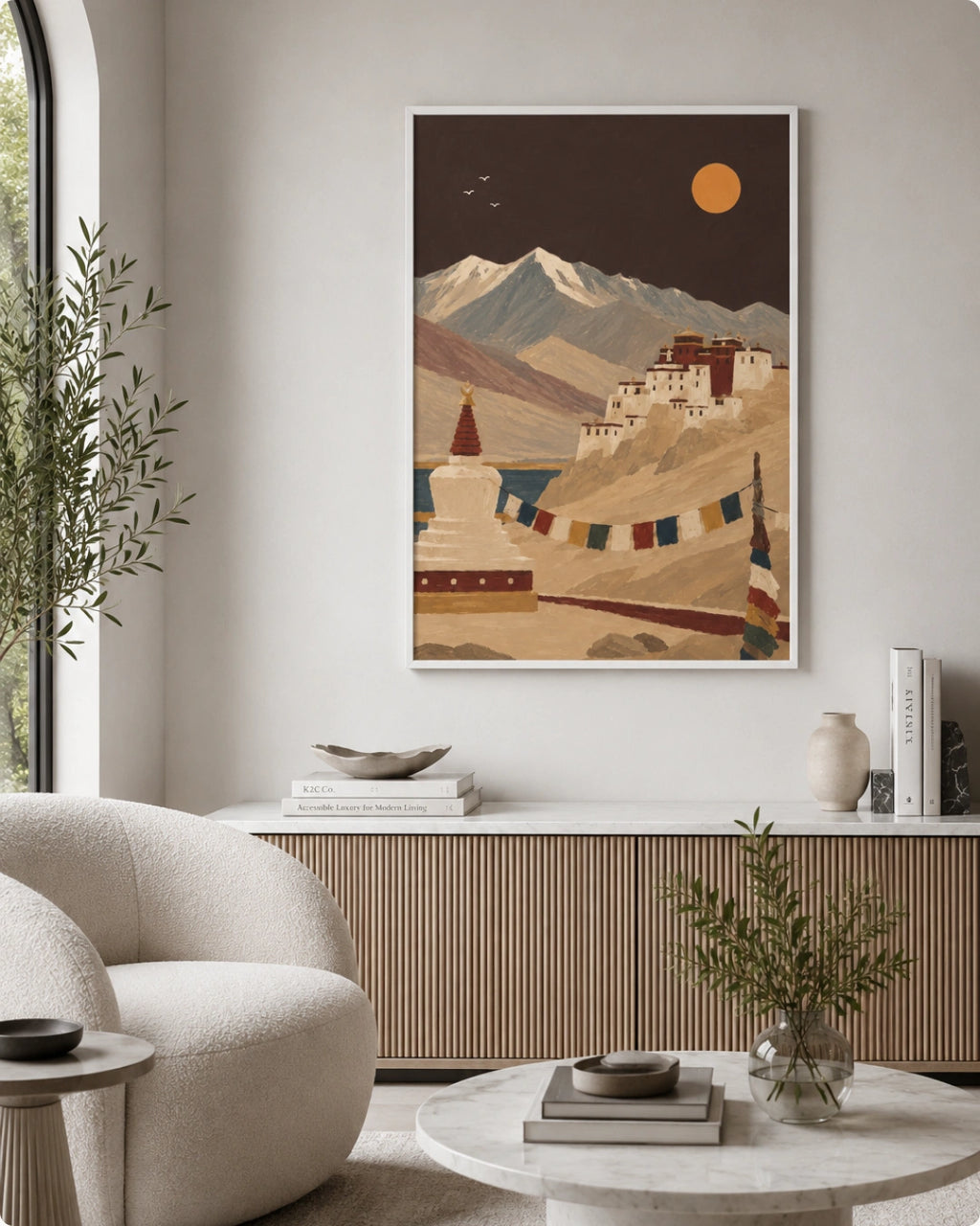 A framed art print featuring a stylized retro illustration of a mountain landscape with a stupa and monastery, displayed on a light gray wall in a modern living room setting.