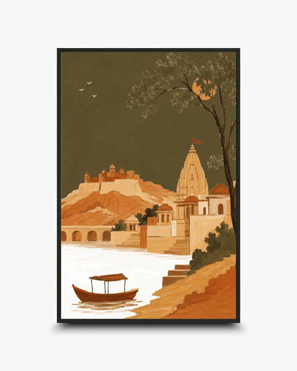 A framed art print featuring a stylized illustration of a historic Indian landscape with a temple, hilltop fortress, riverbank, boat, and tree under a dark olive sky.