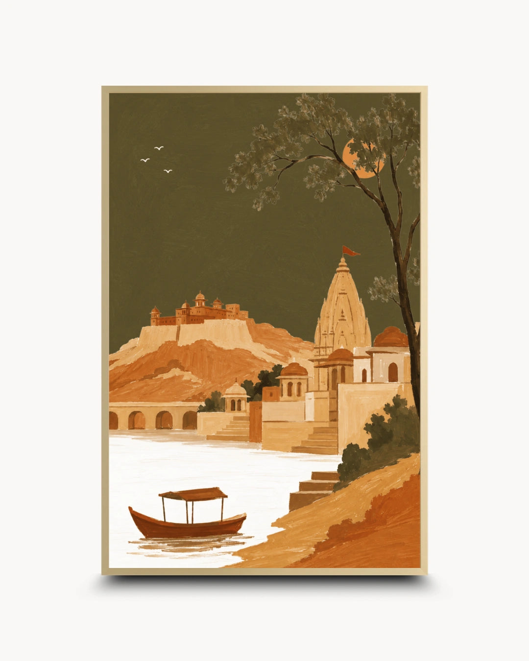 A vertical art print featuring a stylized illustration of a riverside Indian landscape with a temple, hilltop fortress, boat, tree, and moon, shown centered on a light gray background.