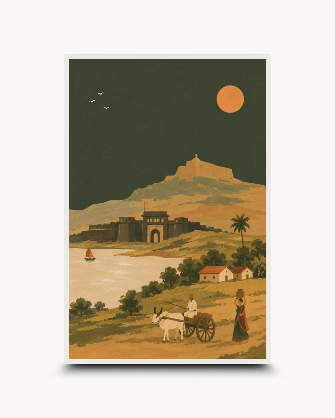 A framed art print featuring a vintage-style illustration of a coastal fortress scene with a castle, river, small boat, hills, and figures near a cart under a large orange sun.