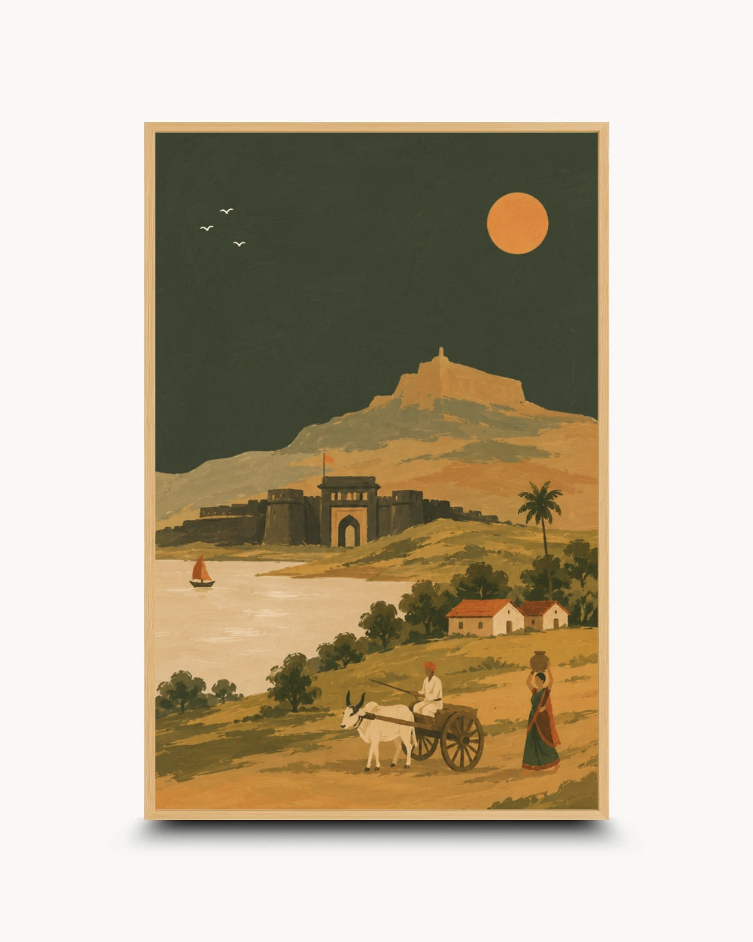 A framed art print featuring a vintage-style illustration of a coastal fortress scene with a castle, river, small boat, hills, and figures near a cart under a large orange sun.