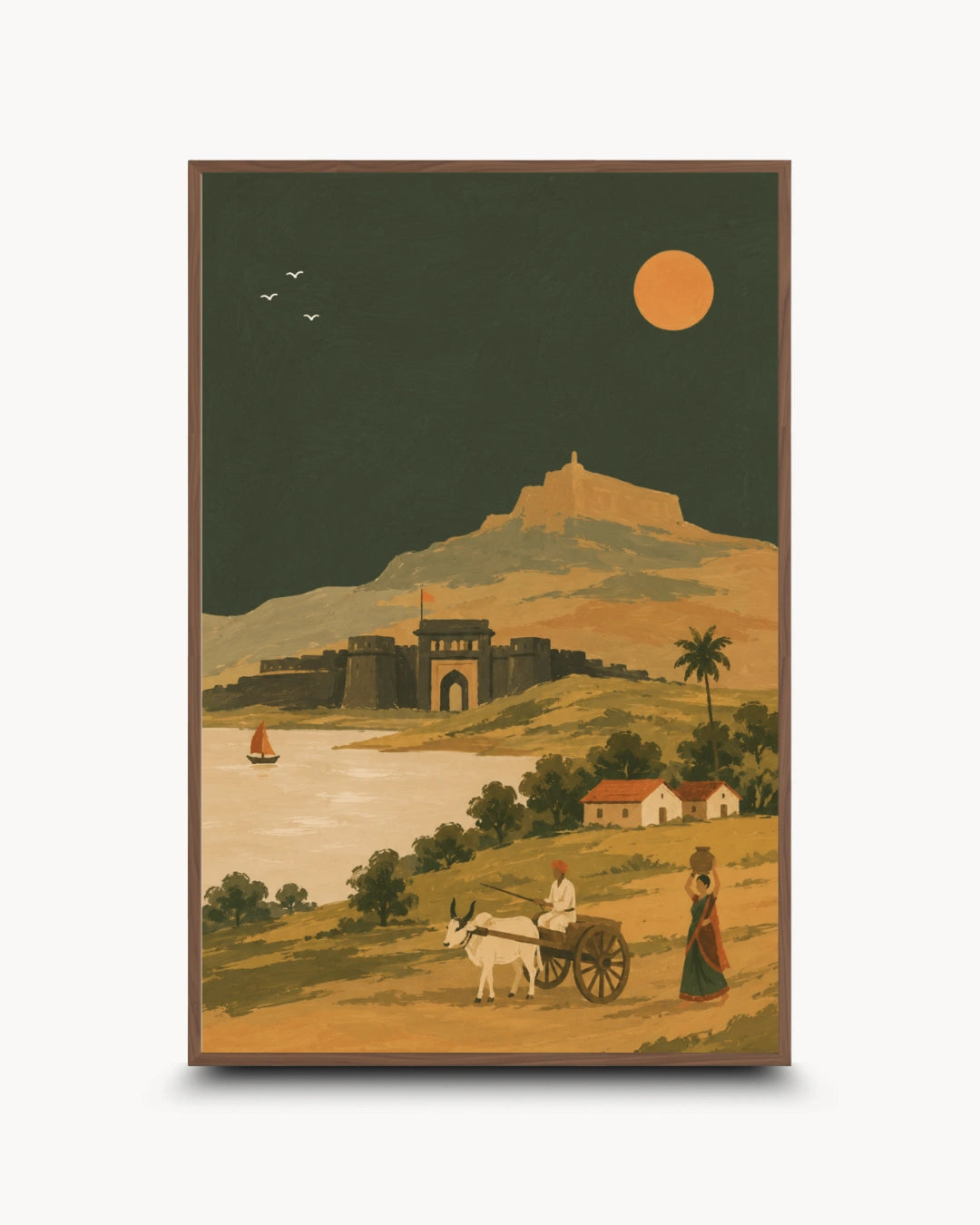 A framed art print featuring a vintage-style illustration of a coastal fortress scene with a castle, river, small boat, hills, and figures near a cart under a large orange sun.
