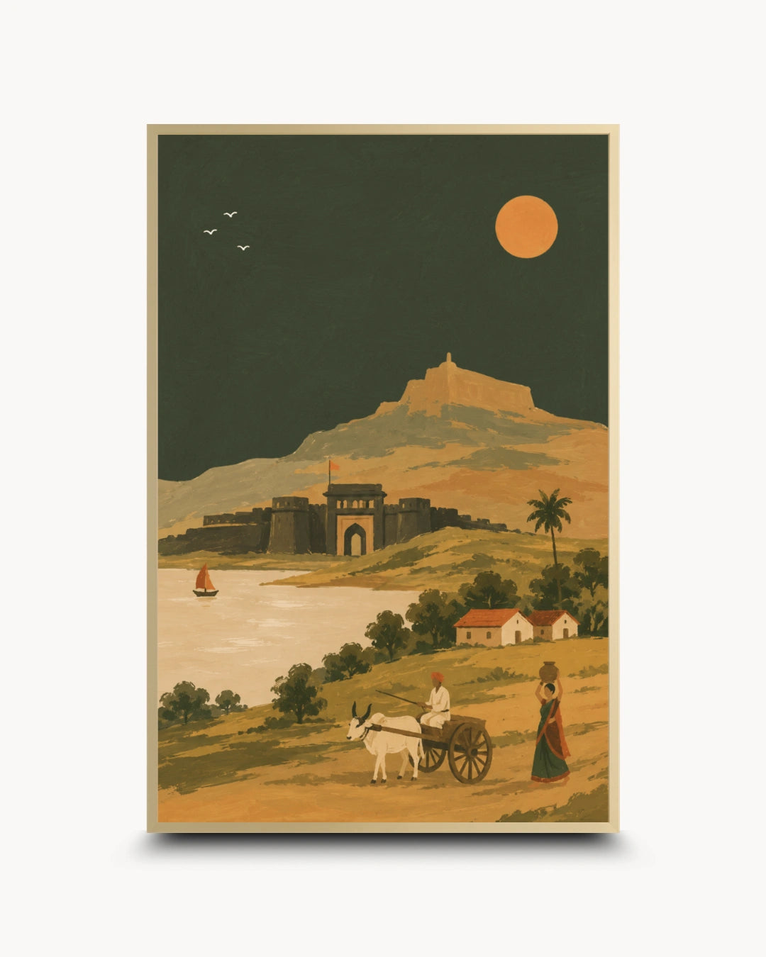 A vintage-style travel poster print depicting a coastal fortress scene with a castle on a hill, river, small boat, palm tree, and figures with a cart in the foreground. The print is shown centered on a light gray background with a soft drop shadow.