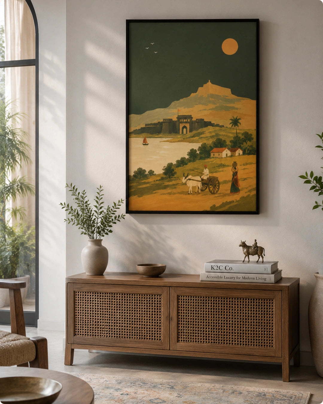 A framed art print depicting a vintage-style landscape with a castle, camel caravan, and golden sun, displayed on a light gray wall above a wooden cabinet in a styled room.