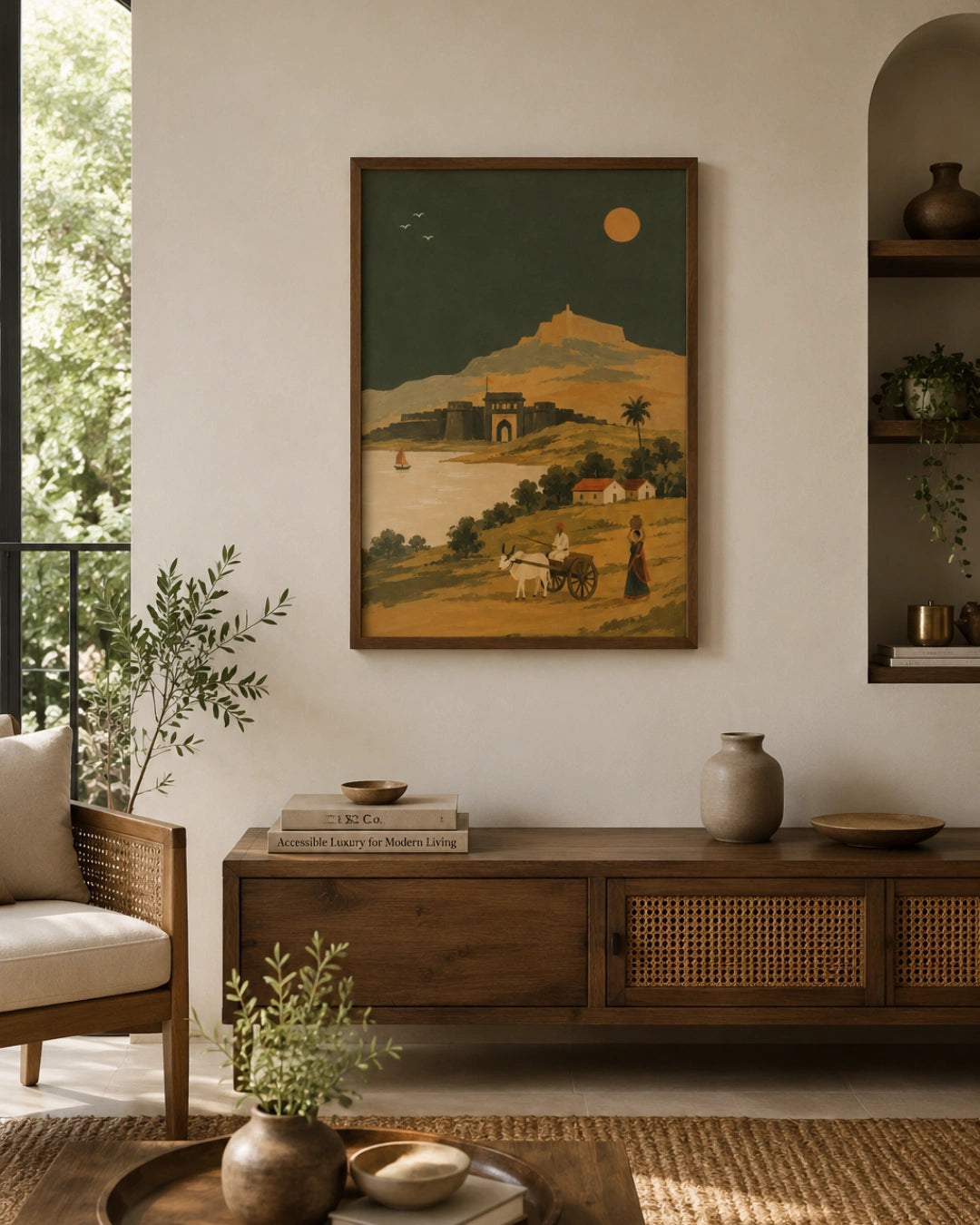 A framed landscape art print hangs on a warm off-white wall in a beautifully styled living room. The print depicts a golden desert village scene with a cow cart, figures, and a castle under a large sun.