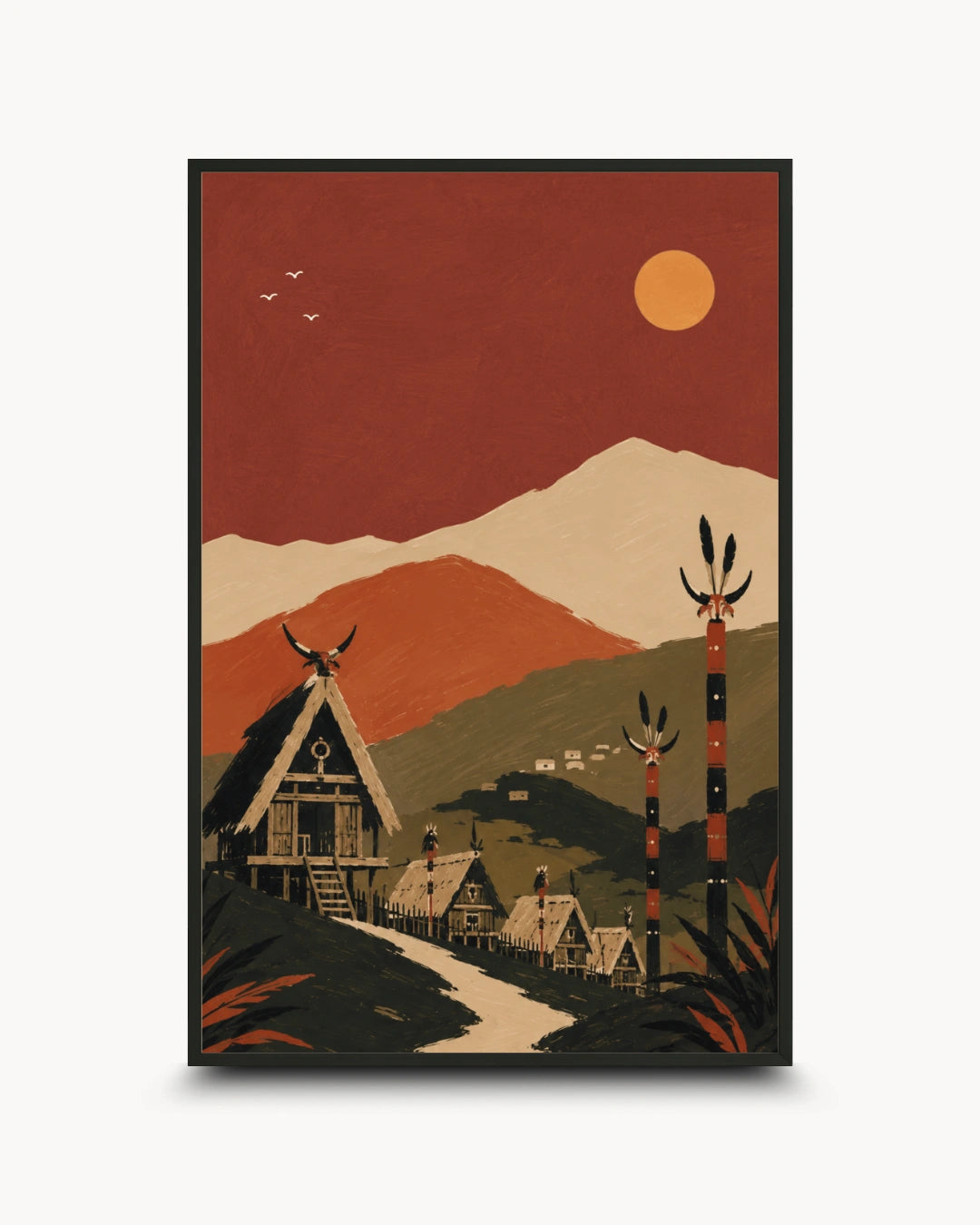 A framed art print featuring a stylized Native American landscape with a large A-frame house, tipis, mountains, and a sun in a terracotta and beige palette, shown against a light gray background.