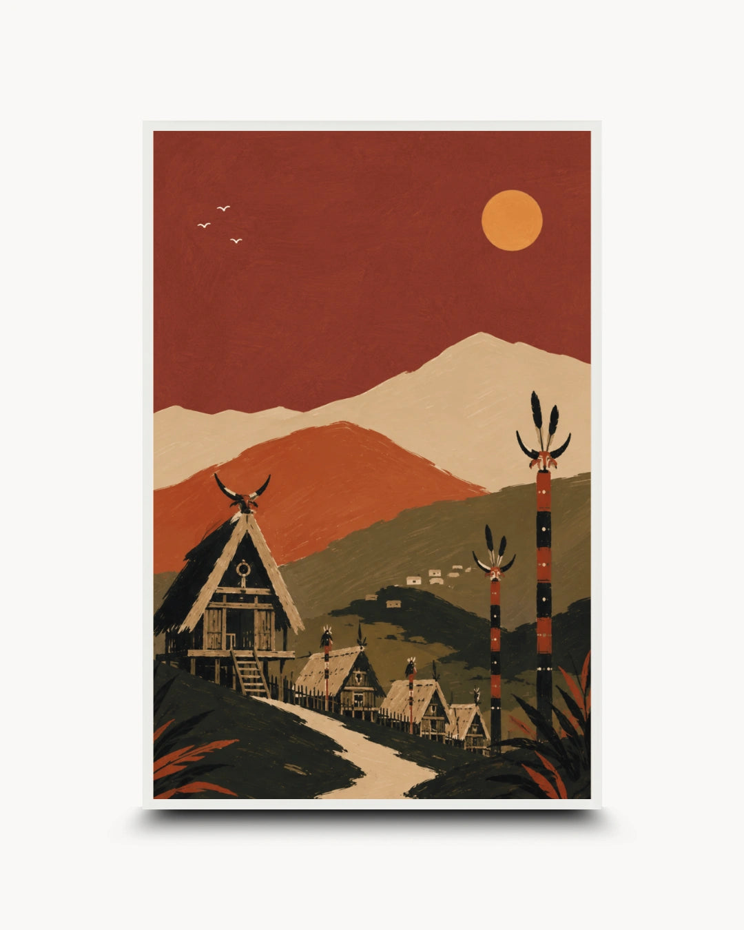 A vertical art print featuring a stylized Indigenous landscape scene with a large A-frame house, small cabins, mountains, a sun, and totem poles, shown against a light gray background with a drop shadow.