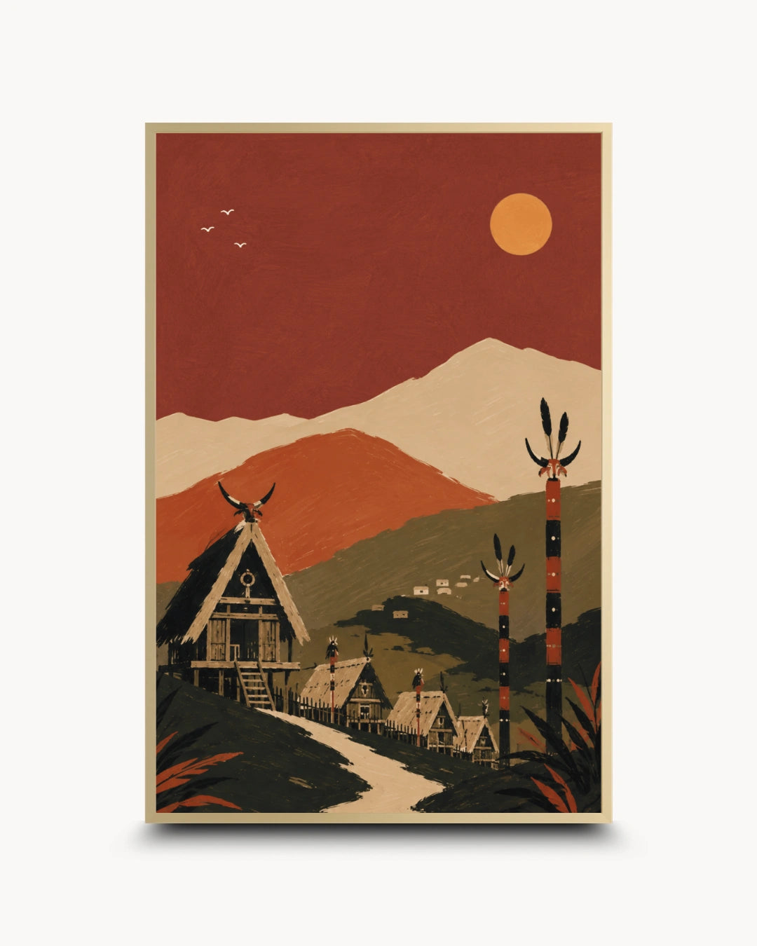 A vertical art print featuring a stylized Native American landscape with a large A-frame house, tipis, mountains, and a sun in a retro mid-century modern color palette, shown with a drop shadow on a white background.