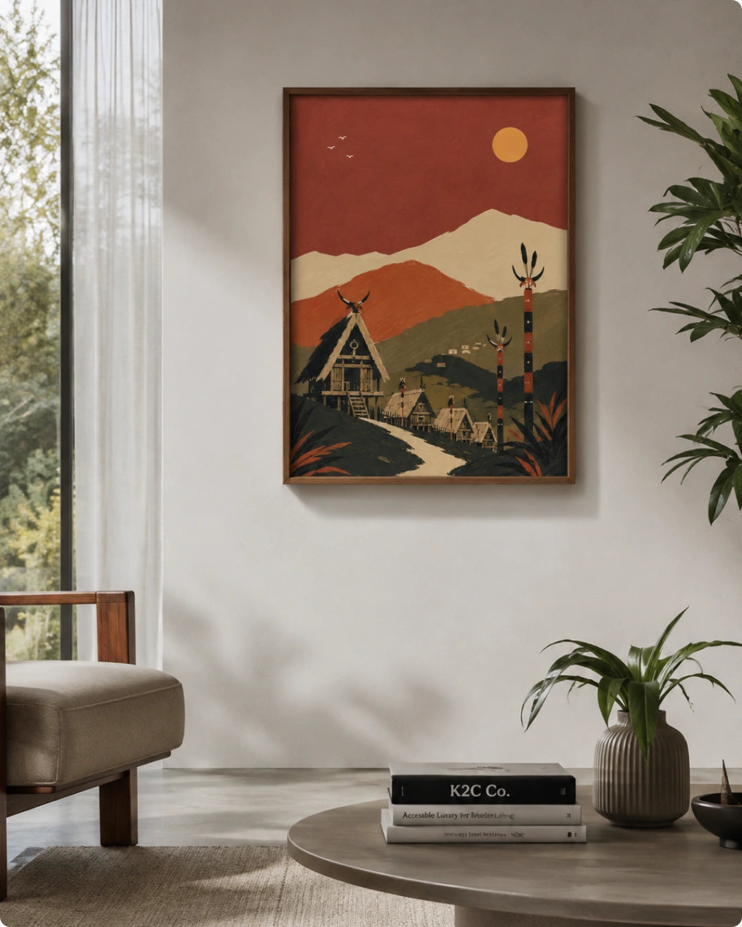 A framed art print featuring a stylized Native American village scene with a red sky, mountains, and a yellow sun, displayed on a white wall in a modern living room setting.