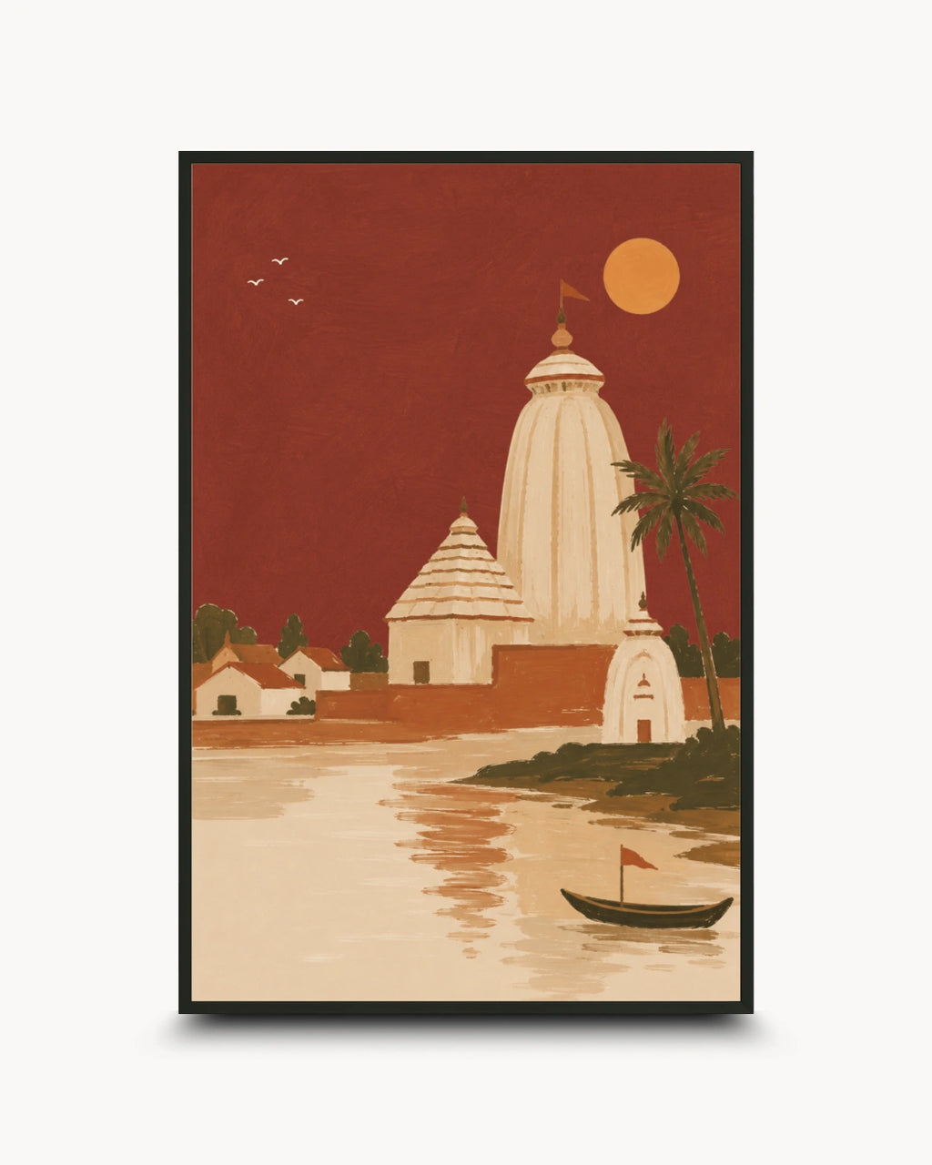 A framed art print featuring a stylized illustration of a temple by a river, with a boat, palm tree, and warm sunset sky, shown against a light gray background.