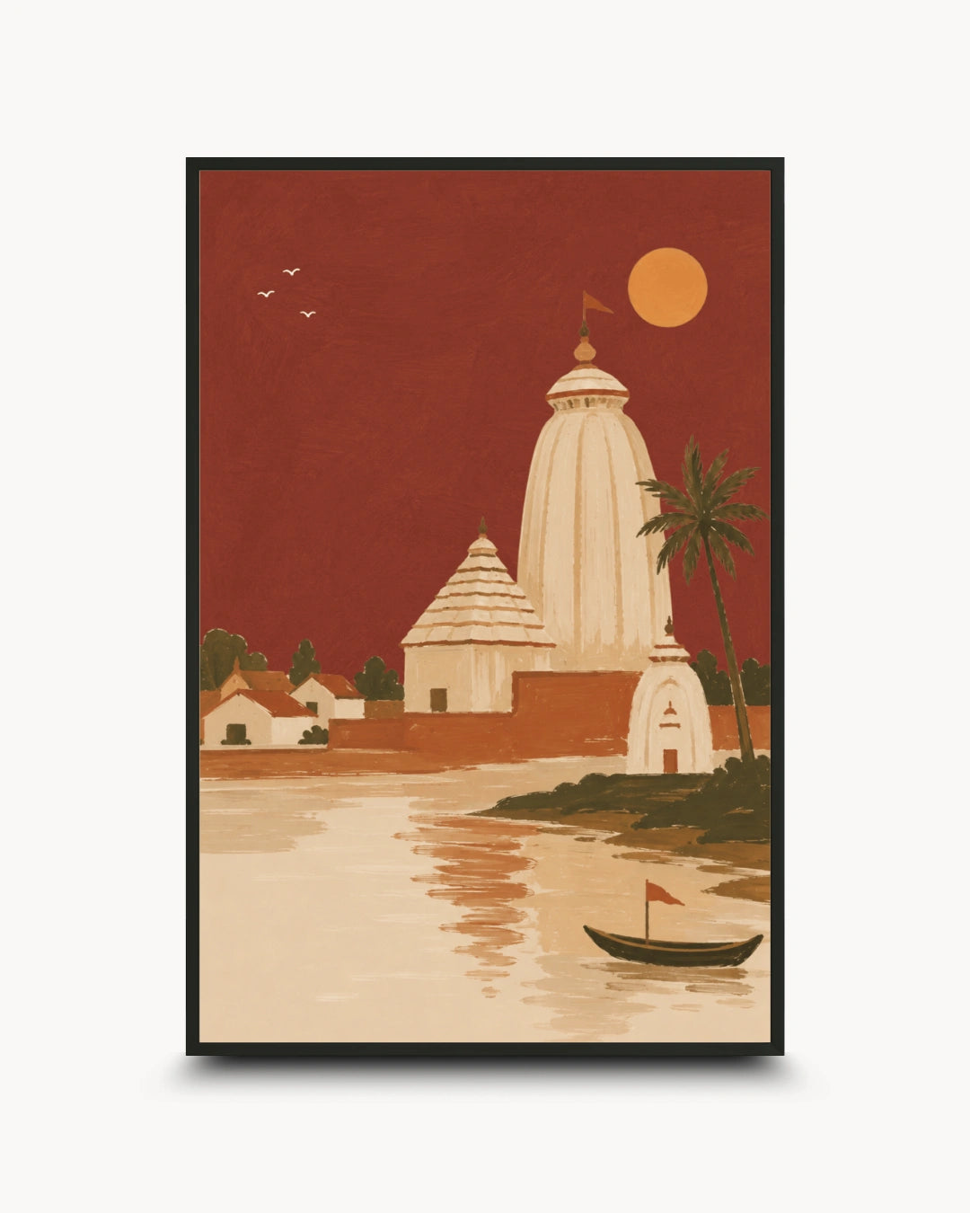 A framed art print featuring a stylized illustration of a temple by a river, with a boat, palm tree, and warm sunset sky, shown against a light gray background.
