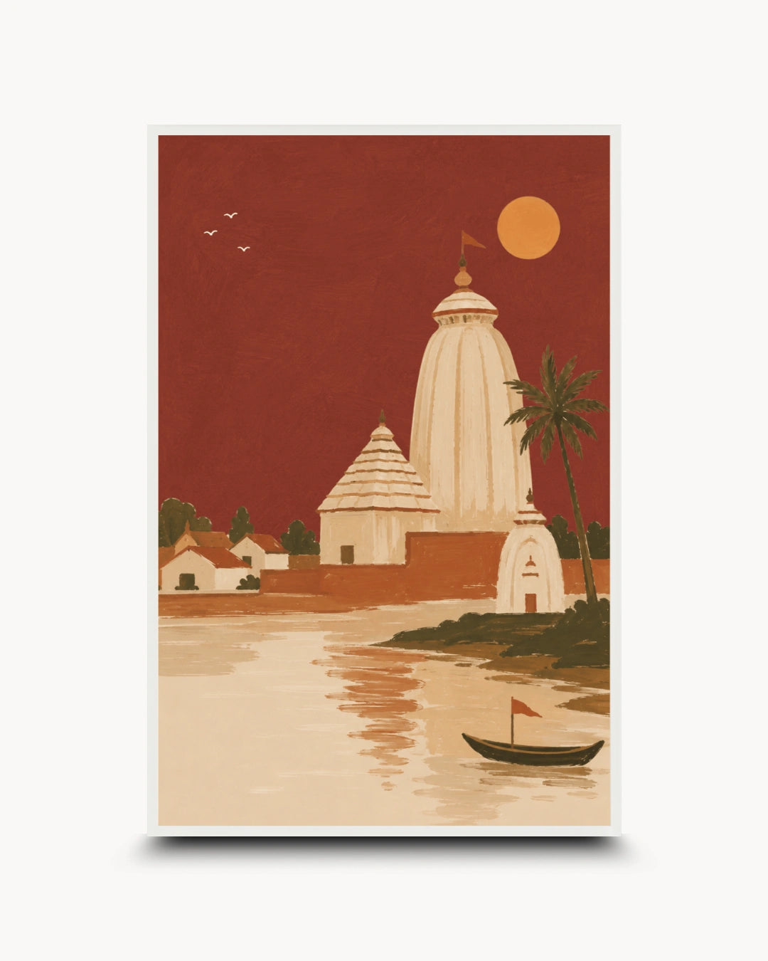 A vertical art print featuring a stylized illustration of an Indian temple by a river, with a boat on the water, palm trees, and a large orange sun in a deep red sky.