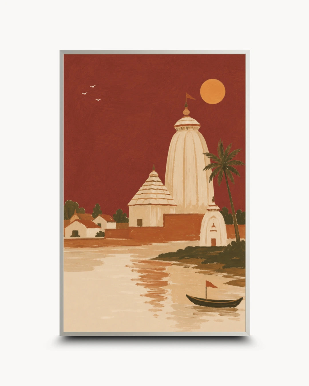 A vertical art print featuring a stylized illustration of a temple and river scene, shown centered on a light gray background. The artwork uses a warm palette with a deep red sky, cream and beige architecture, brown land, and a small boat on the water.
