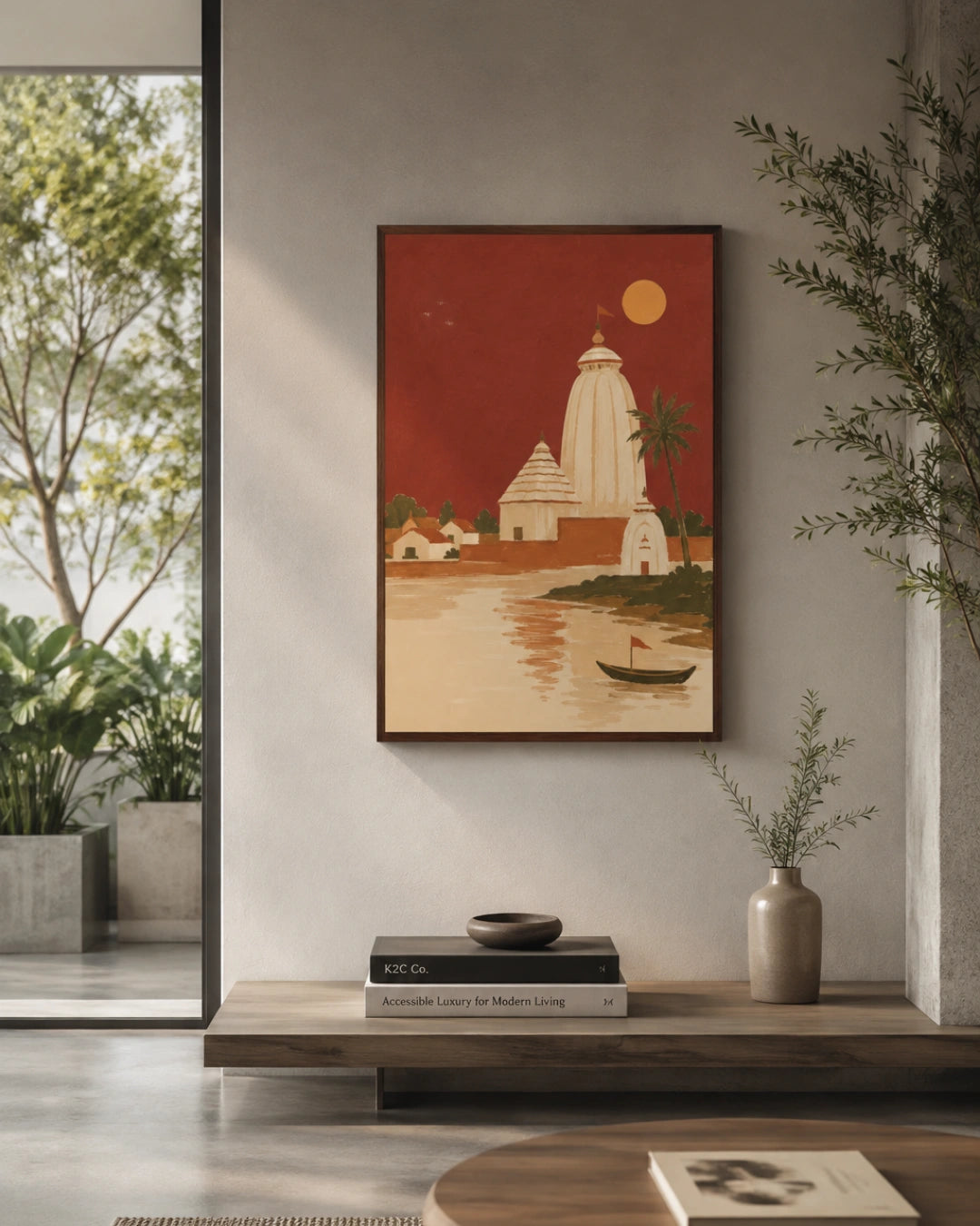 A framed art print depicting a stylized temple and river scene in warm red, beige, and cream tones, displayed on a light gray wall above a wooden shelf in a modern interior setting.
