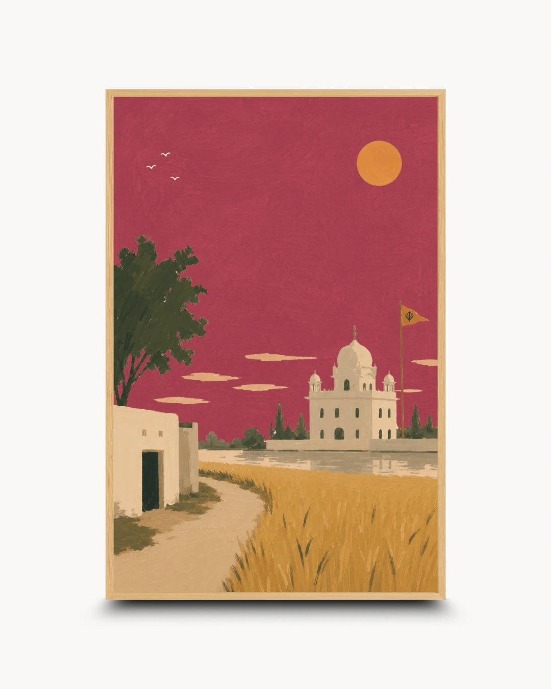 A stylized art print poster depicting a rural landscape with a white domed building, golden fields, a tree, and a large orange sun against a deep pinkish-red sky, shown centered on a light gray background.