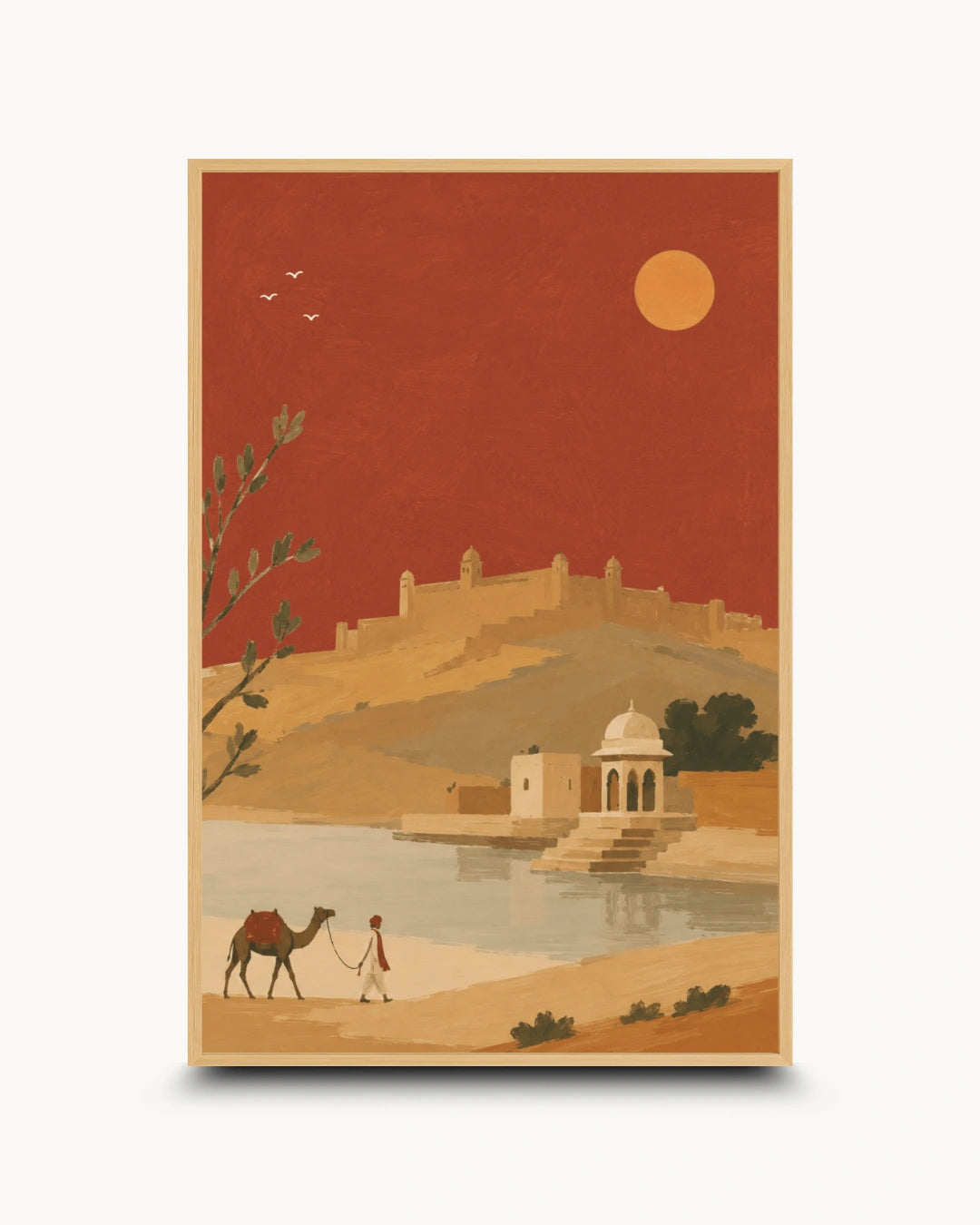 A vertical art print featuring a stylized desert landscape with a camel and person by a river, a small domed structure, hills, and a fortress under a reddish-orange sky and sun.